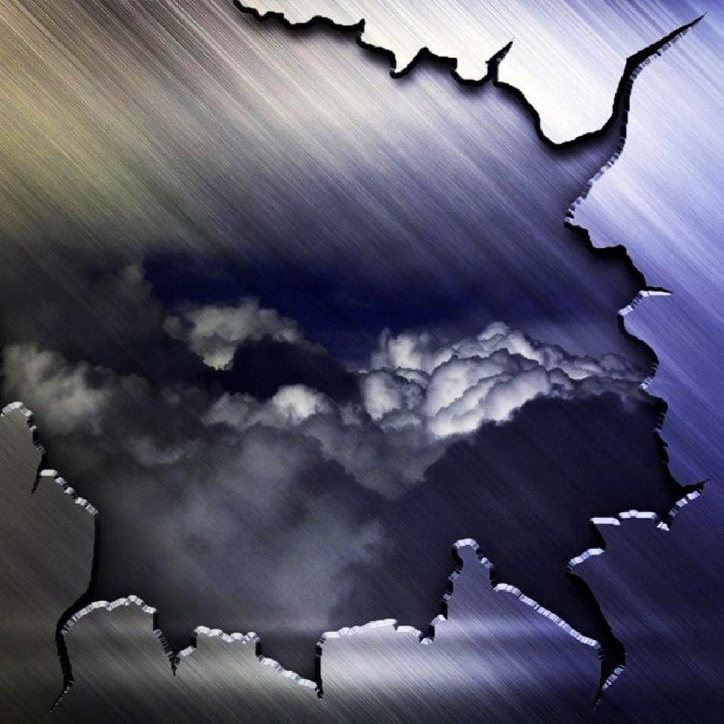 Runway-Magazine-hole in clouds iPhone image (taken out jet window) in broken metal frame, skjames, 2012