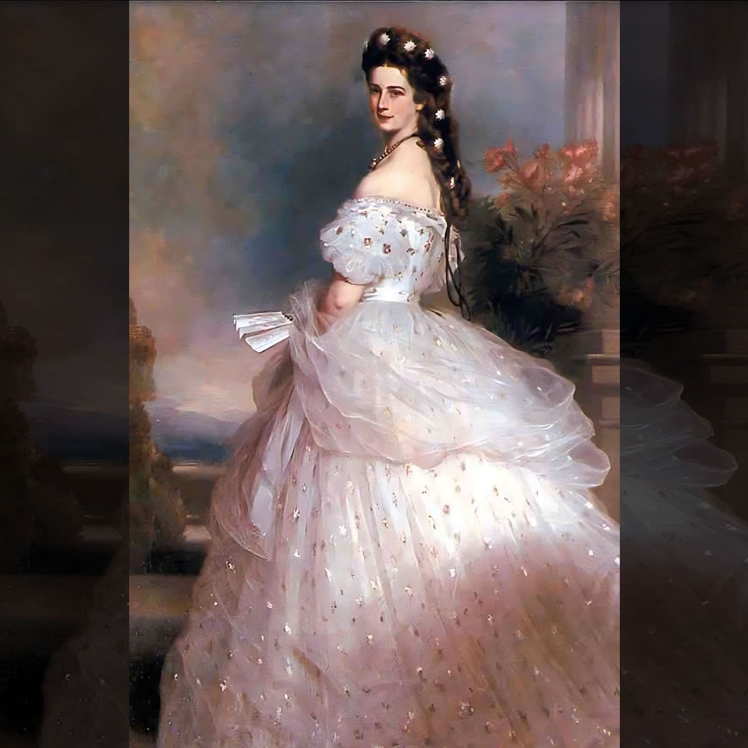 Vestido de gala de tul rosa de 1865 creado para la emperatriz Isabel de Austria, pintado por Franz Xaver Winterhalter