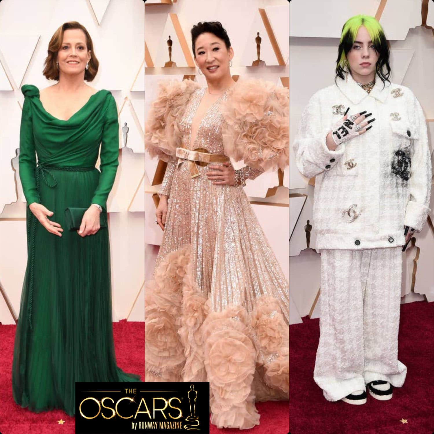 Sigourney Weaver in DIOR rag, Sandra Oh in Elie Saab, Billie EIlish in CHANEL at the 2020 Oscars by RUNWAY MAGAZINE