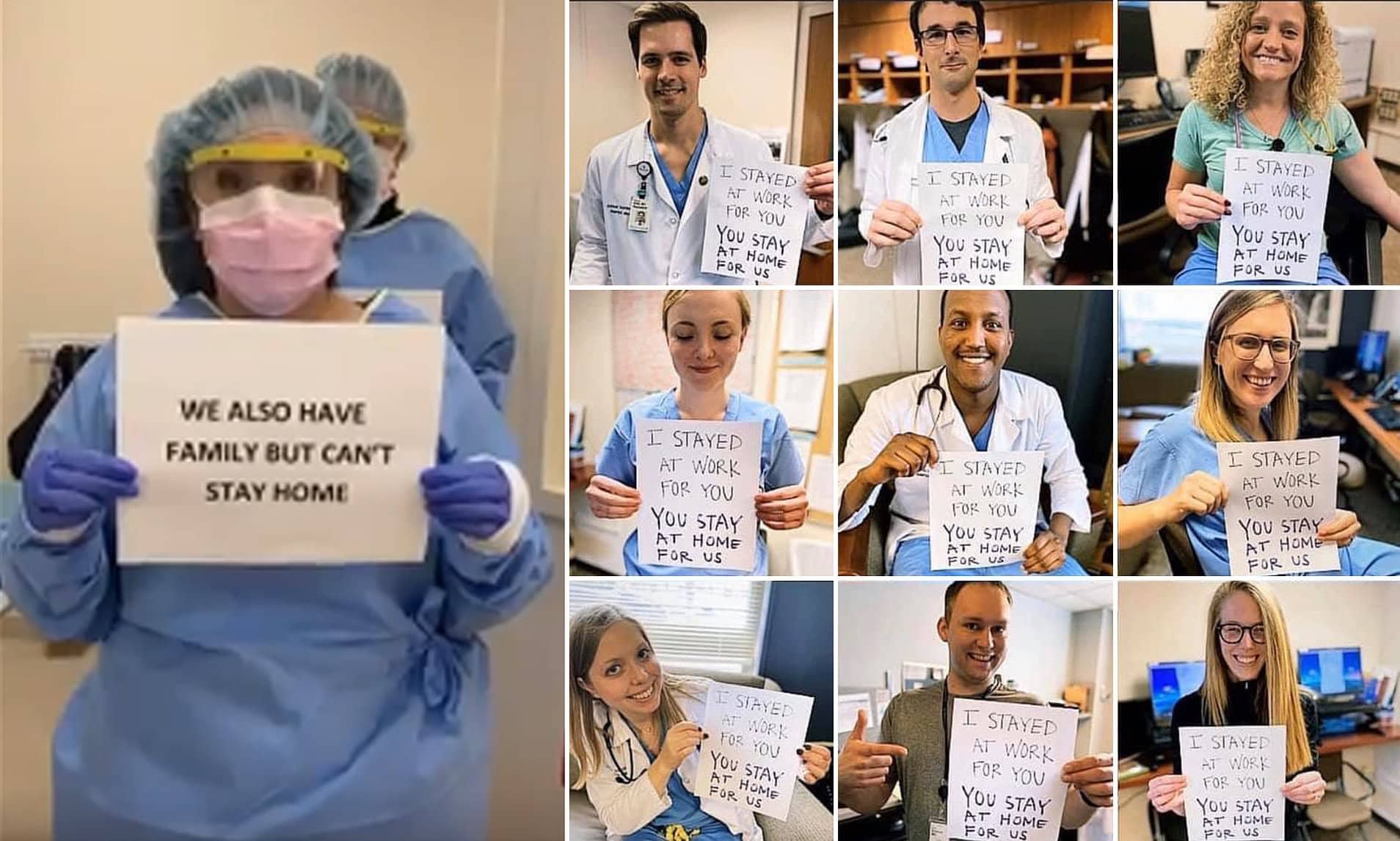 Doctores y enfermeras - Mensaje de QUIÉNDATE EN CASA dirigido al público "Yo me quedé en el trabajo para ti. Tú te quedas en casa por nosotros"