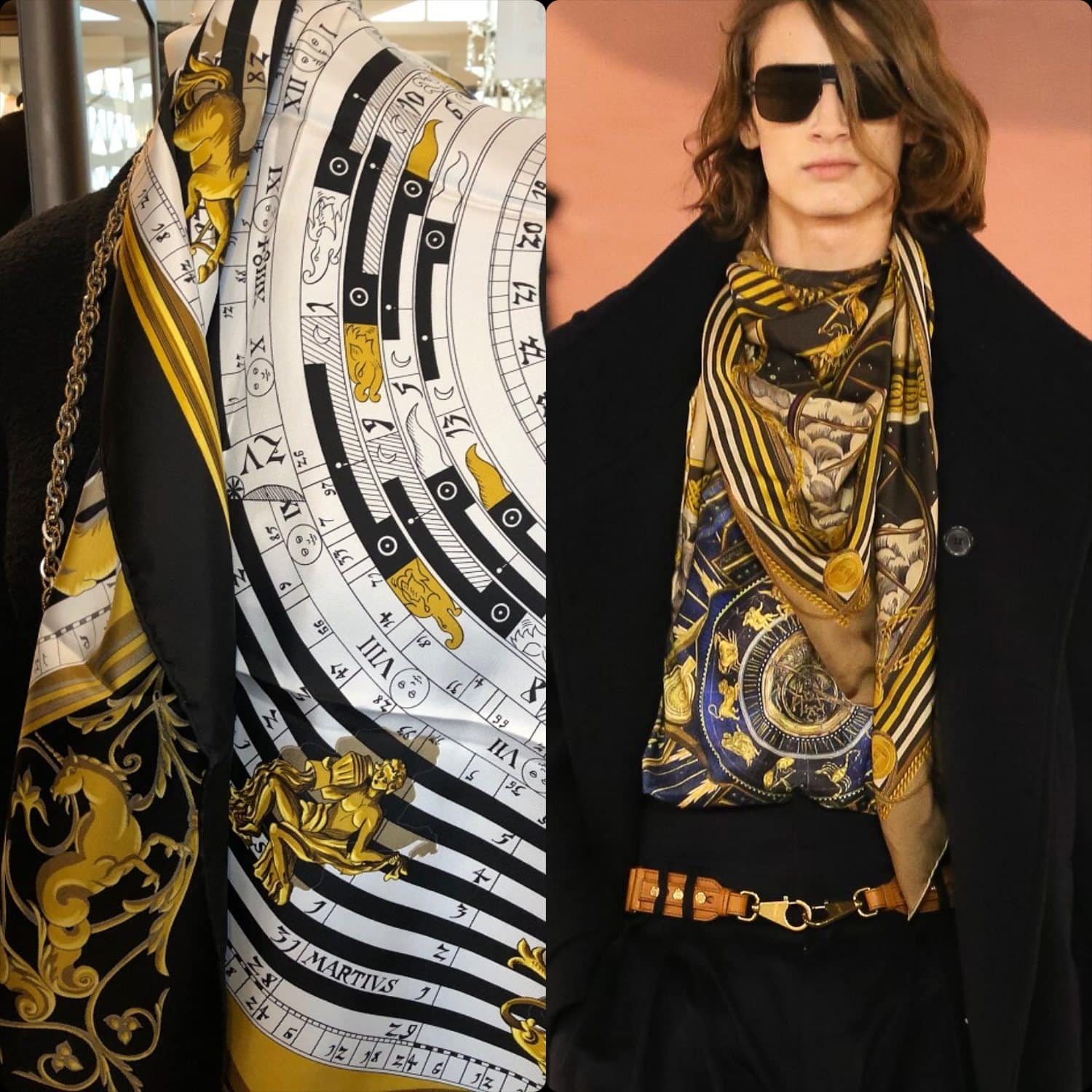 De gauche à droite - Foulard en soie Hermès 1990 vs Balmain Automne Hiver 2020 - 2021