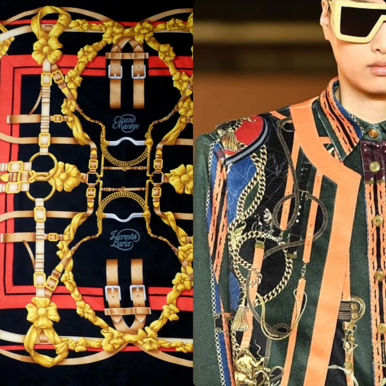 De gauche à droite Hermes 1990 -Grand Manege- design par Henri d'Origny vs Balmain menswear Automne Hiver 2020 - 2021