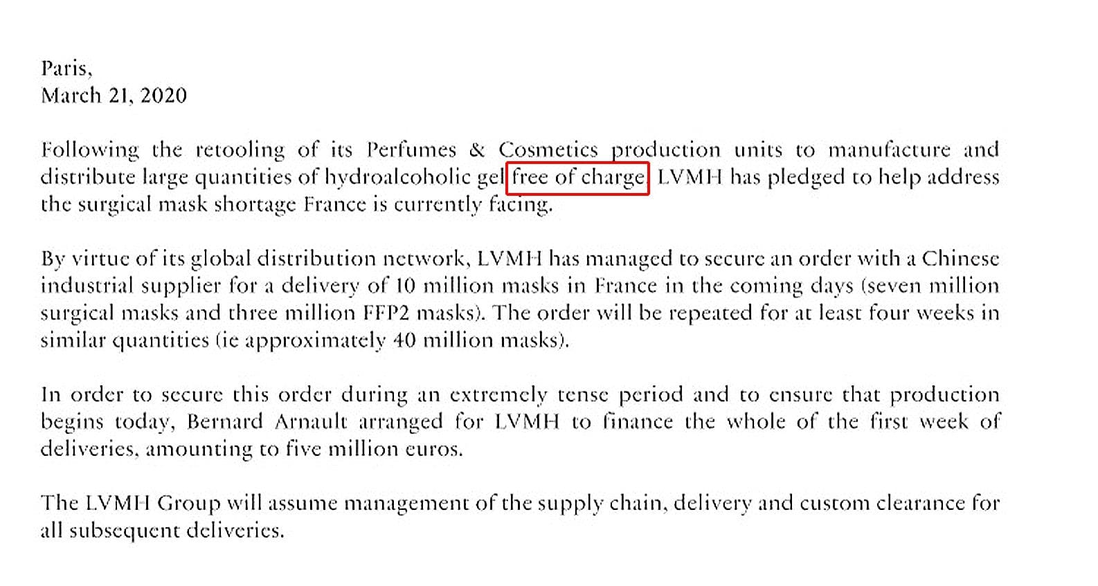 Бернар Арно, генеральный директор LVMH, бесплатное пожертвование водно-спиртового геля, 21 марта, 2020