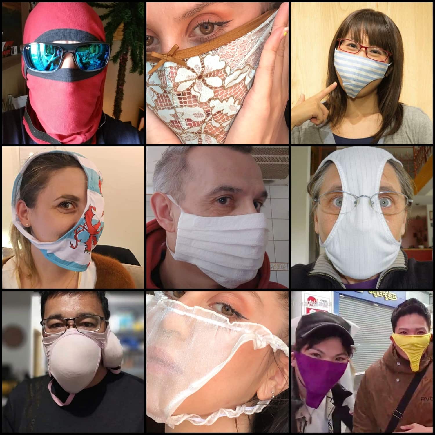 Maneiras inúteis e estúpidas de fazer máscaras para proteção contra o coronavírus. Calcinhas podem fazer você parecer muito glamoroso - é isso que os blogueiros estão tentando vender hoje no Instagram. Os boxeadores masculinos podem fazer você parecer um ninja ou um homem-aranha. Várias roupas íntimas, sutiãs incluídos, podem fazer você parecer simplesmente estúpido. Máscaras de papel higiênico (foto no meio) podem parecer divergentes no início, mas ... ainda é papel higiênico no rosto.