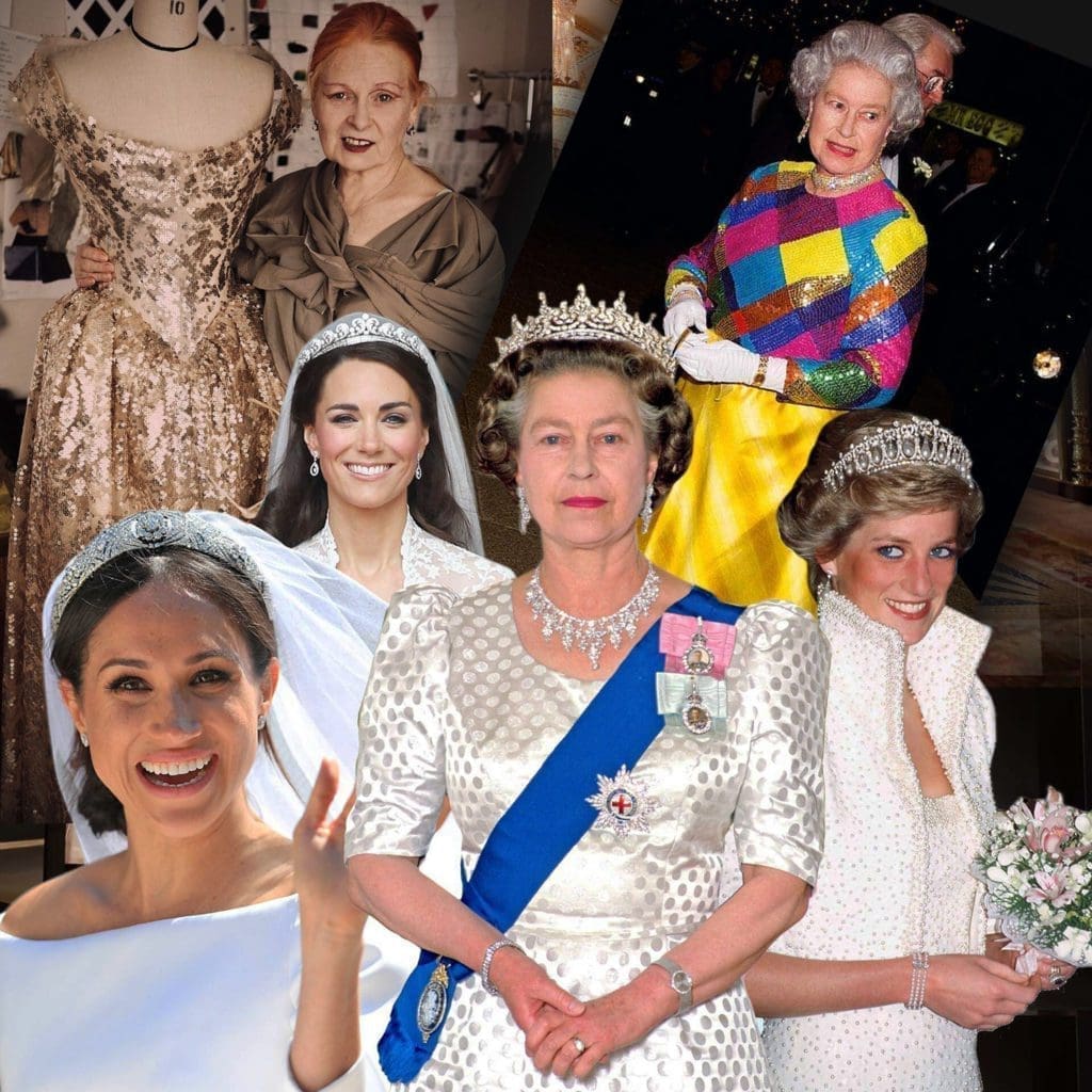 Elizabeth II, Princess Diana, Kate Middleton, Maghan Markle - Royal Wardrobe, famous Queen dress by Vivienne Westwood