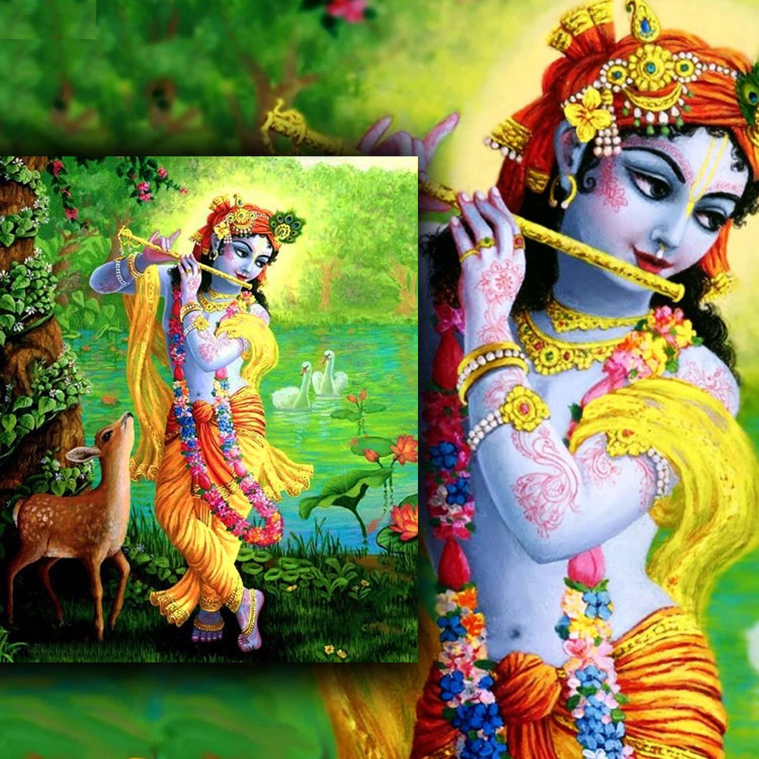 Lord Krishna mit Flöte trägt ein gelbes Symbol der Weisheit