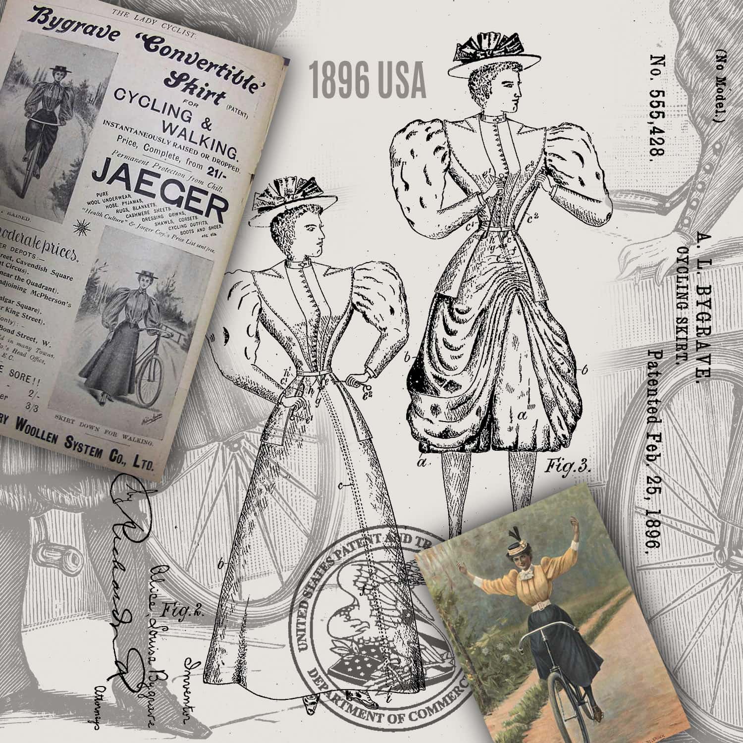 サイクリストの発明のためのAlice-LouisaBygrave1896スカート-USPTOアーカイブ