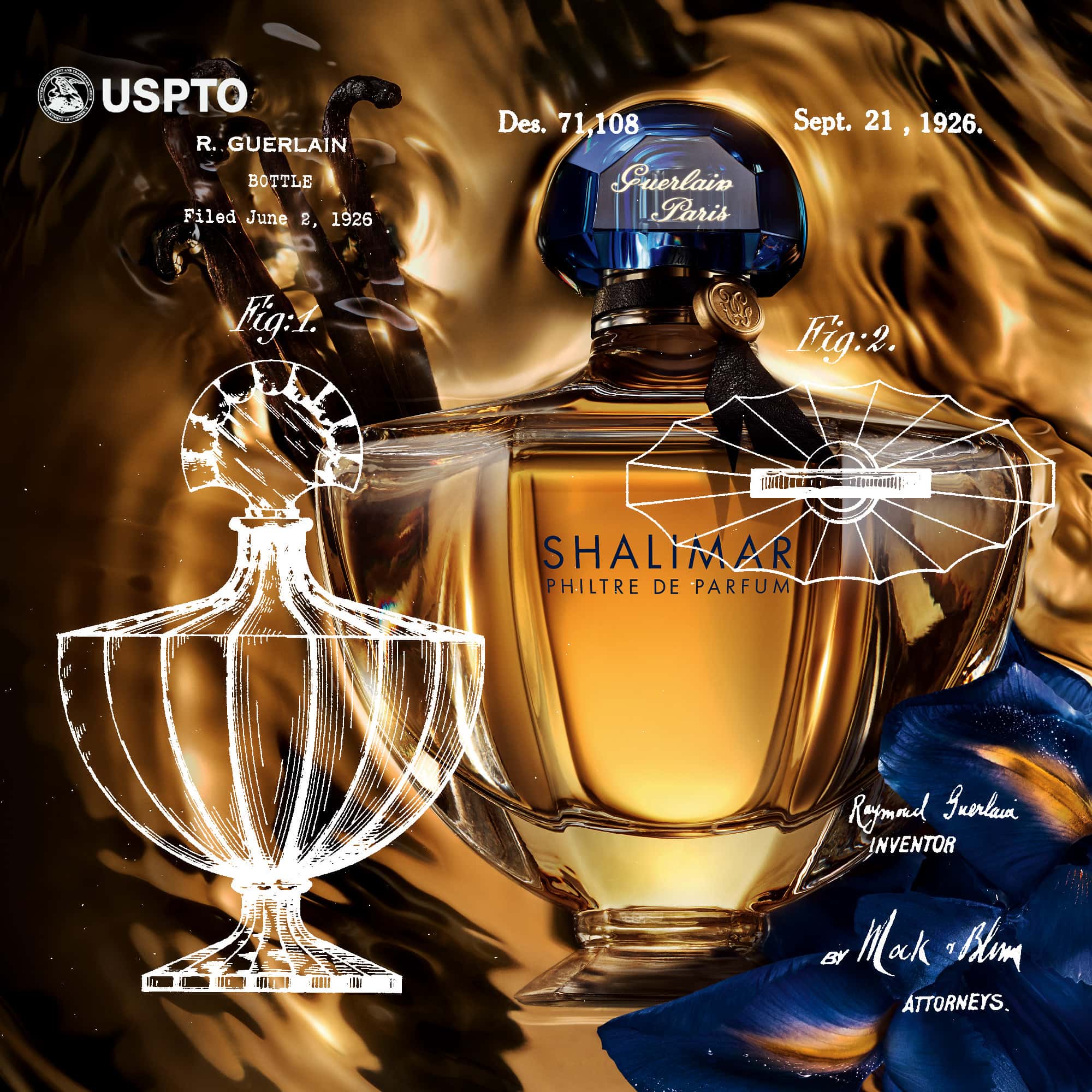 Brevetto Guerlain per Flacon Chauve Souris - Shalimar disegnato da Raymond Guerlain 1926 - Archivi USPTO di RUNWAY MAGAZINE