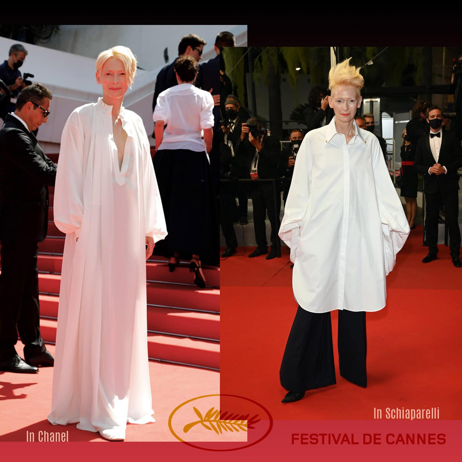 戛纳 2021 - 蒂尔达·斯文顿 (Tilda Swinton) 身着香奈儿 (Chanel) 和夏帕瑞丽 (Schiaparelli) - 照片 GettyImage - 作者 RUNWAY 杂志