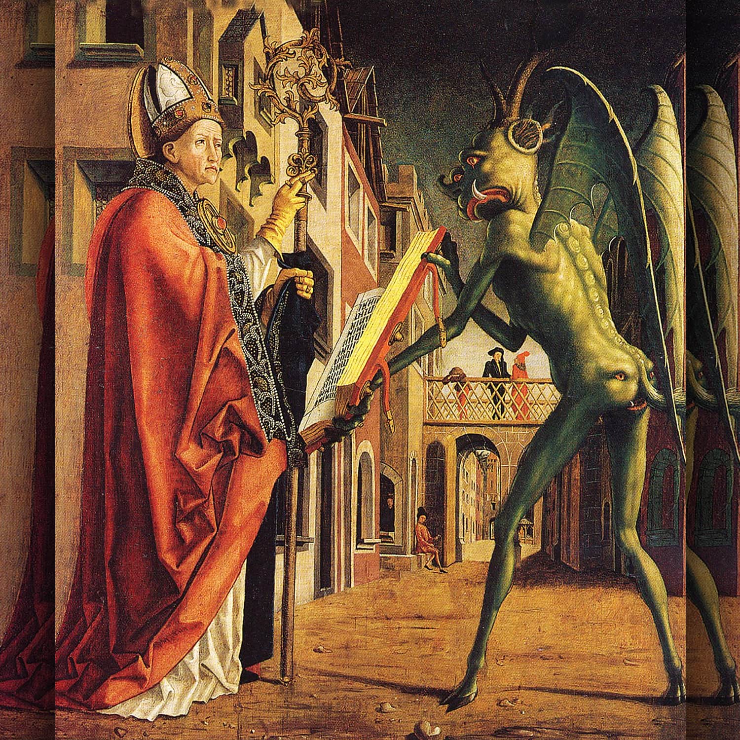 Church fathers altar - Saint Augustine and the devil - Saint Wolfgang and the devil 1475 by Michael Pacher