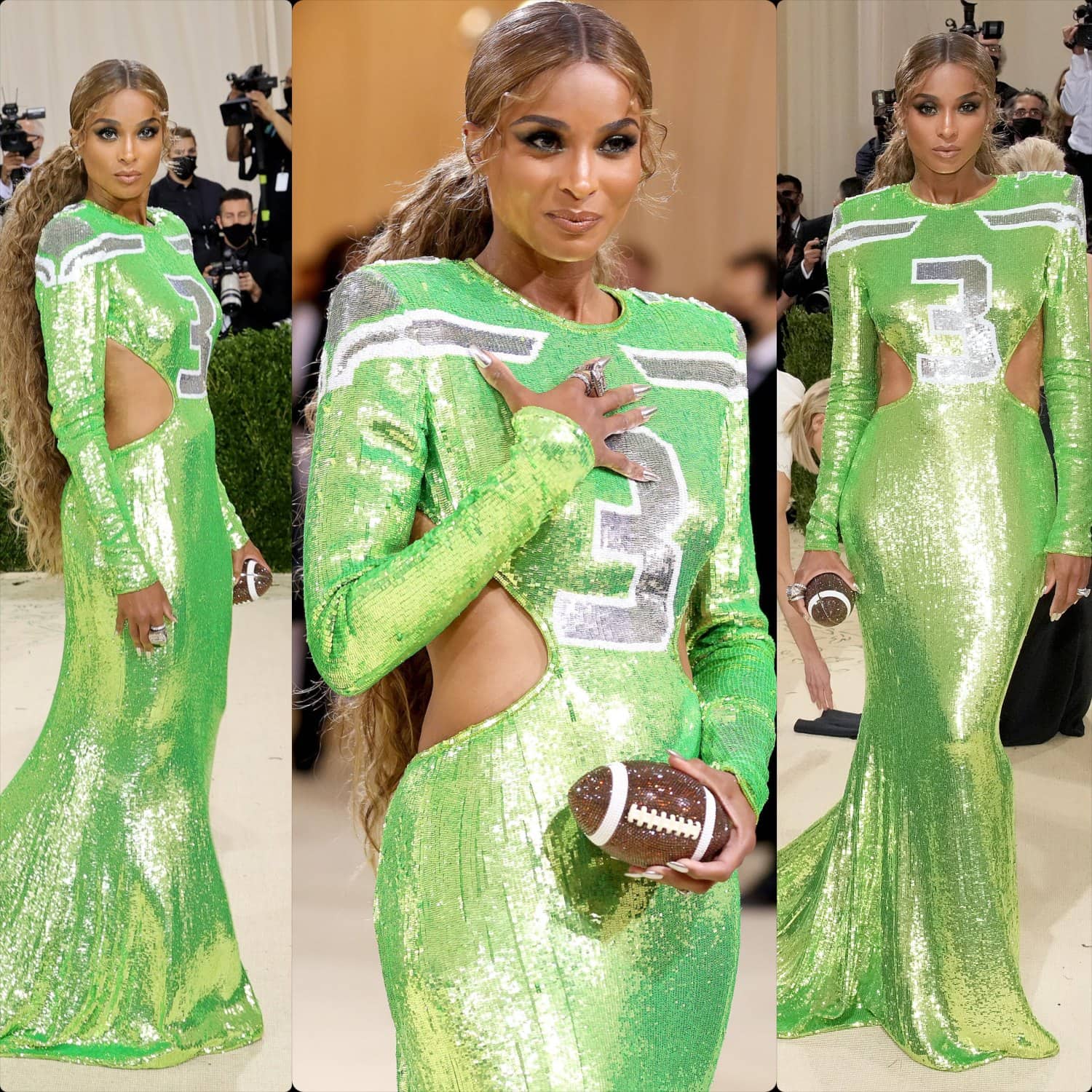 Ciara indossa il marito Russel Wilson numero 3, abito di Dundas al Met Gala 2021 di RUNWAY MAGAZINE