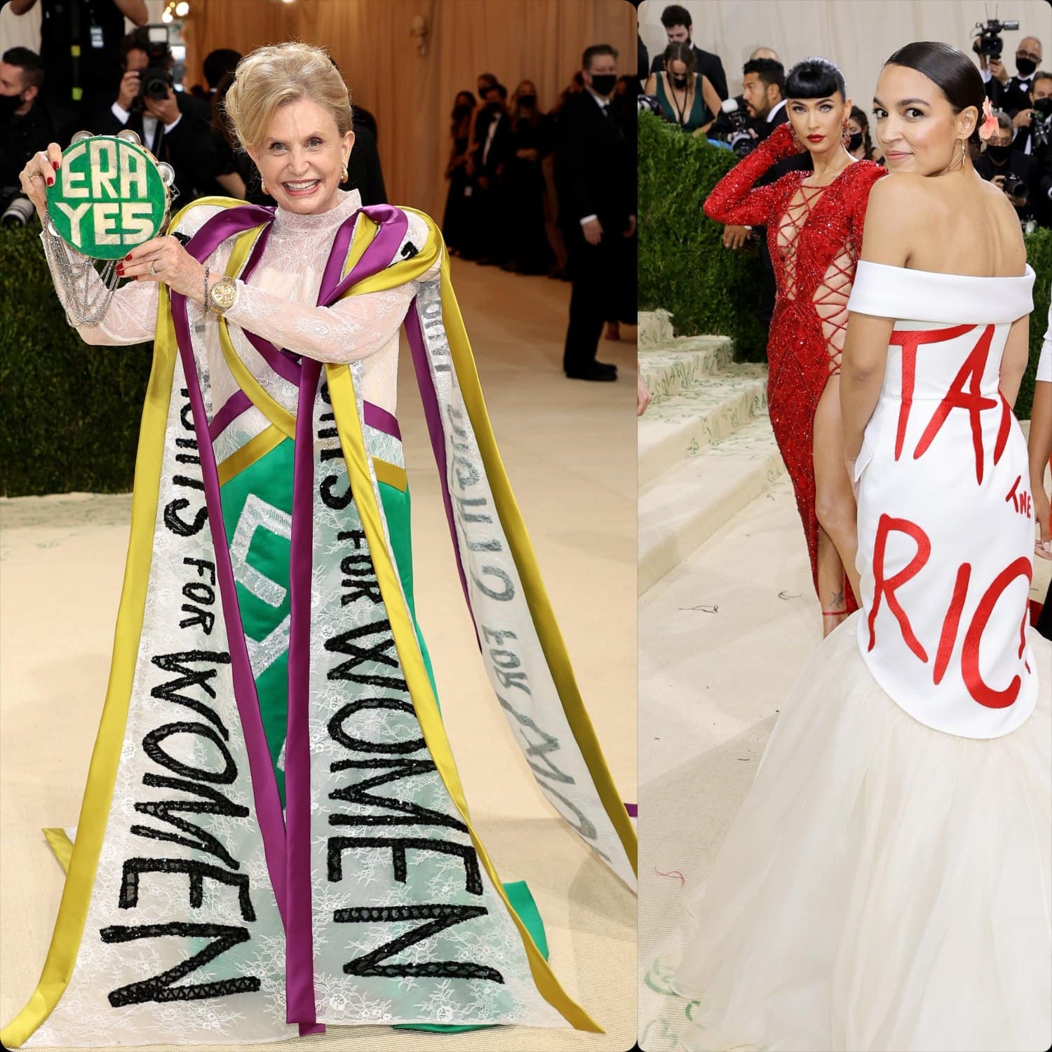 Le donne del Congresso Carolyn Maloney e Alexandria Ocasio-Cortez con messaggi politici - Equal Rights for Women - Tax the Rich - al Met Gala 2021