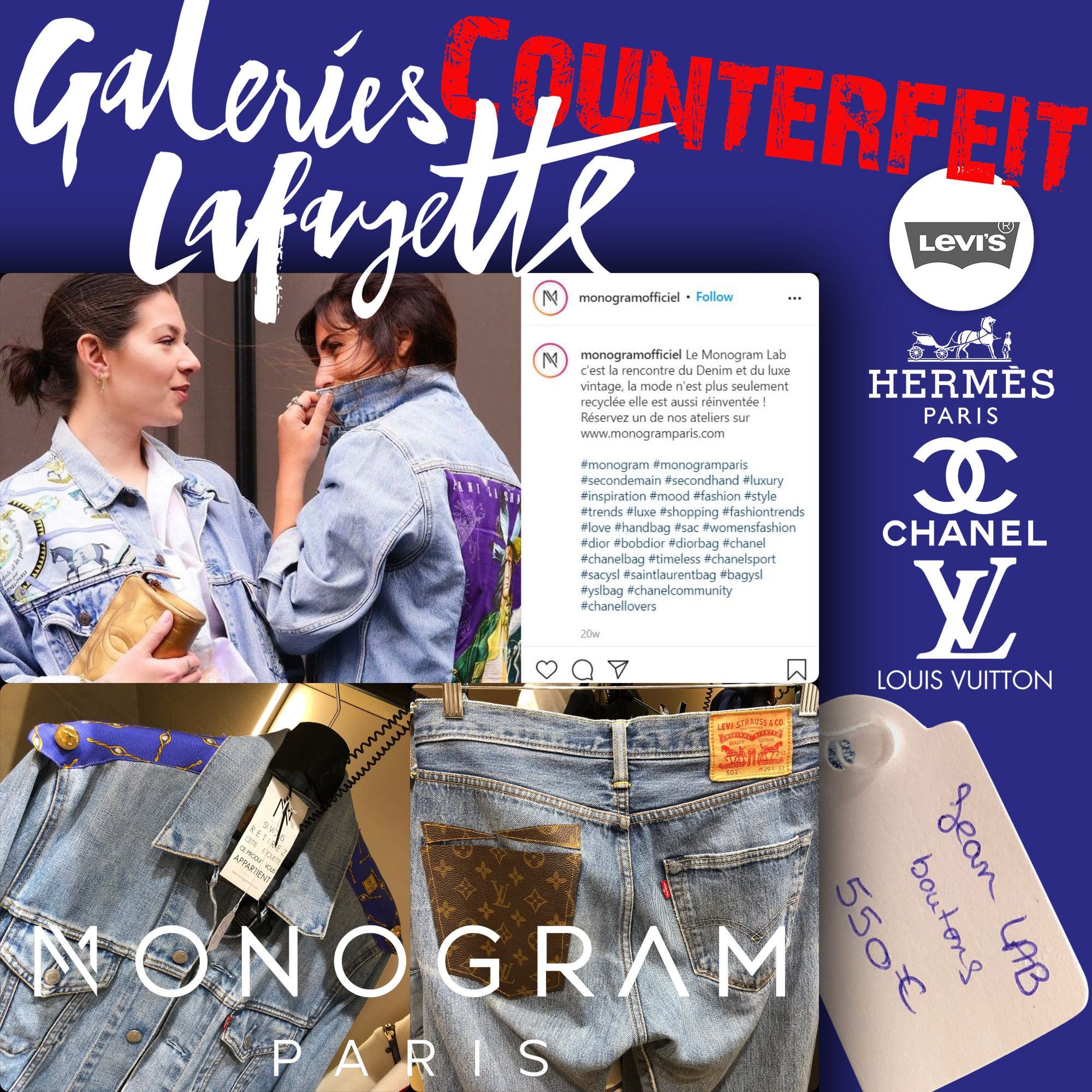 Galerie LaFayette - BY LUXE - Monogramm von Beverly Sonego - gefälschte Produktion - Levis, Hermes, Chanel, Louis Vuitton