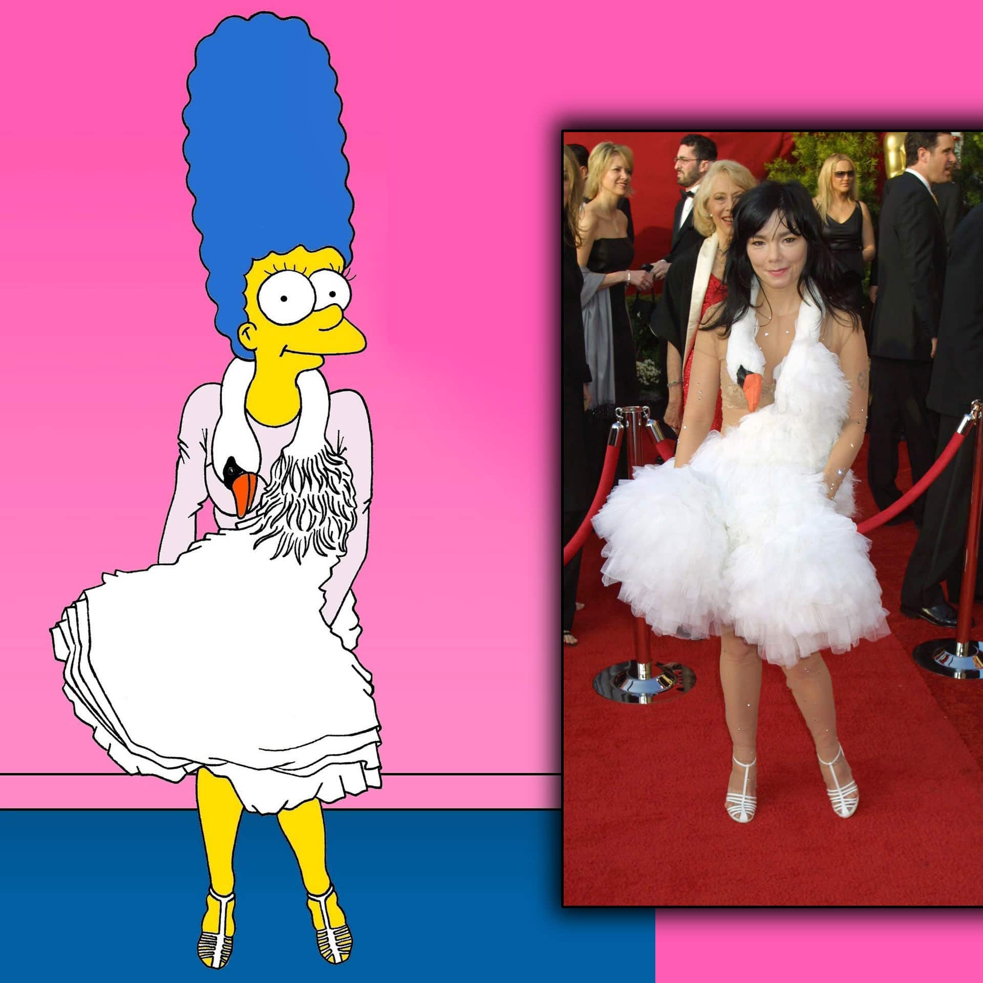 Marge Simpson Iconic Dresses - AleXsandro Palombo - La robe des Oscars ornée de cygnes de Bjork de 2001