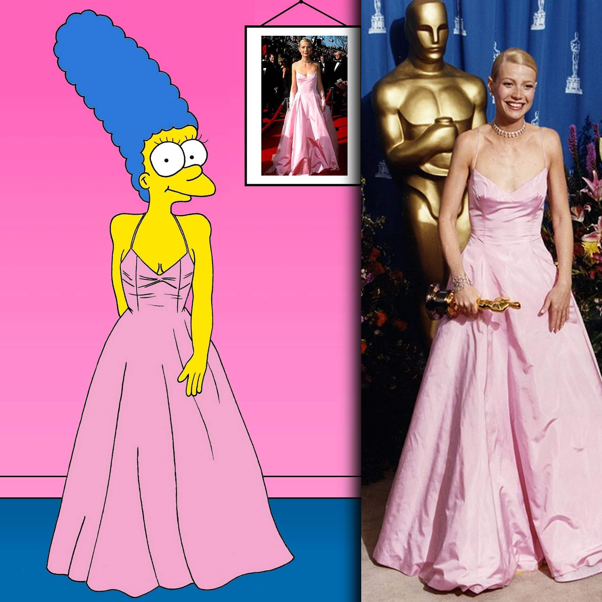 Marge Simpson Iconic Dresses - AleXsandro Palombo - Gwyneth Paltrow en robe rose Ralph Lauren Oscars 1998