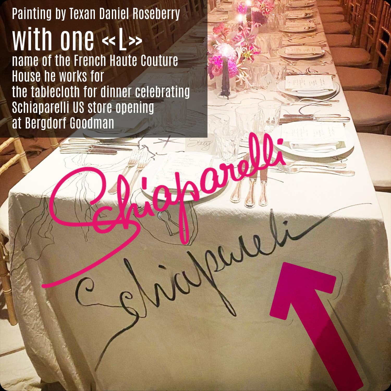 Premier magasin Schiaparelli à Bergdorf Goodman, Daniel Roseberry a lui-même peint la nappe pour le dîner