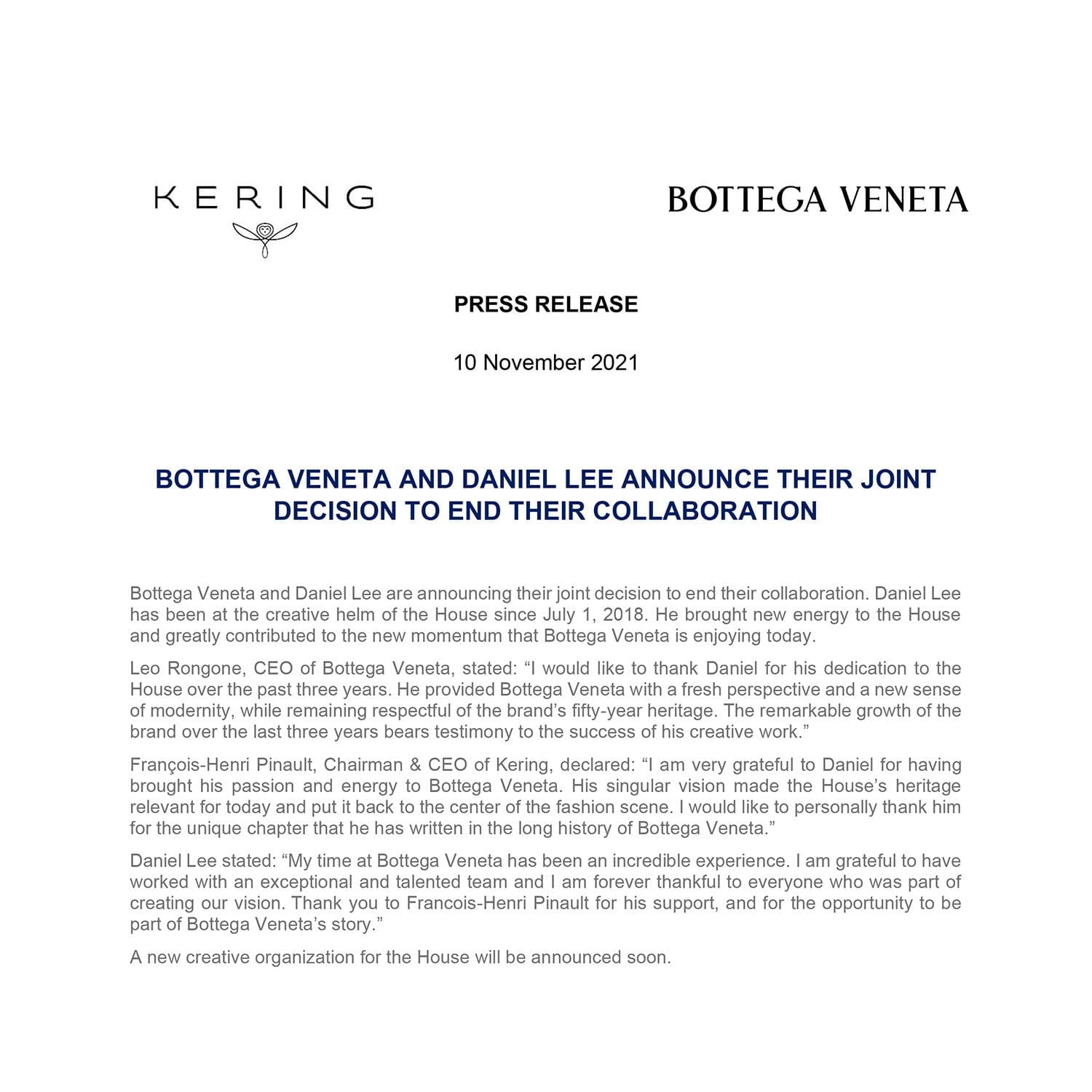 Daniel Lee 离开 Bottega Veneta - Kering 新闻稿 RUNWAY 杂志