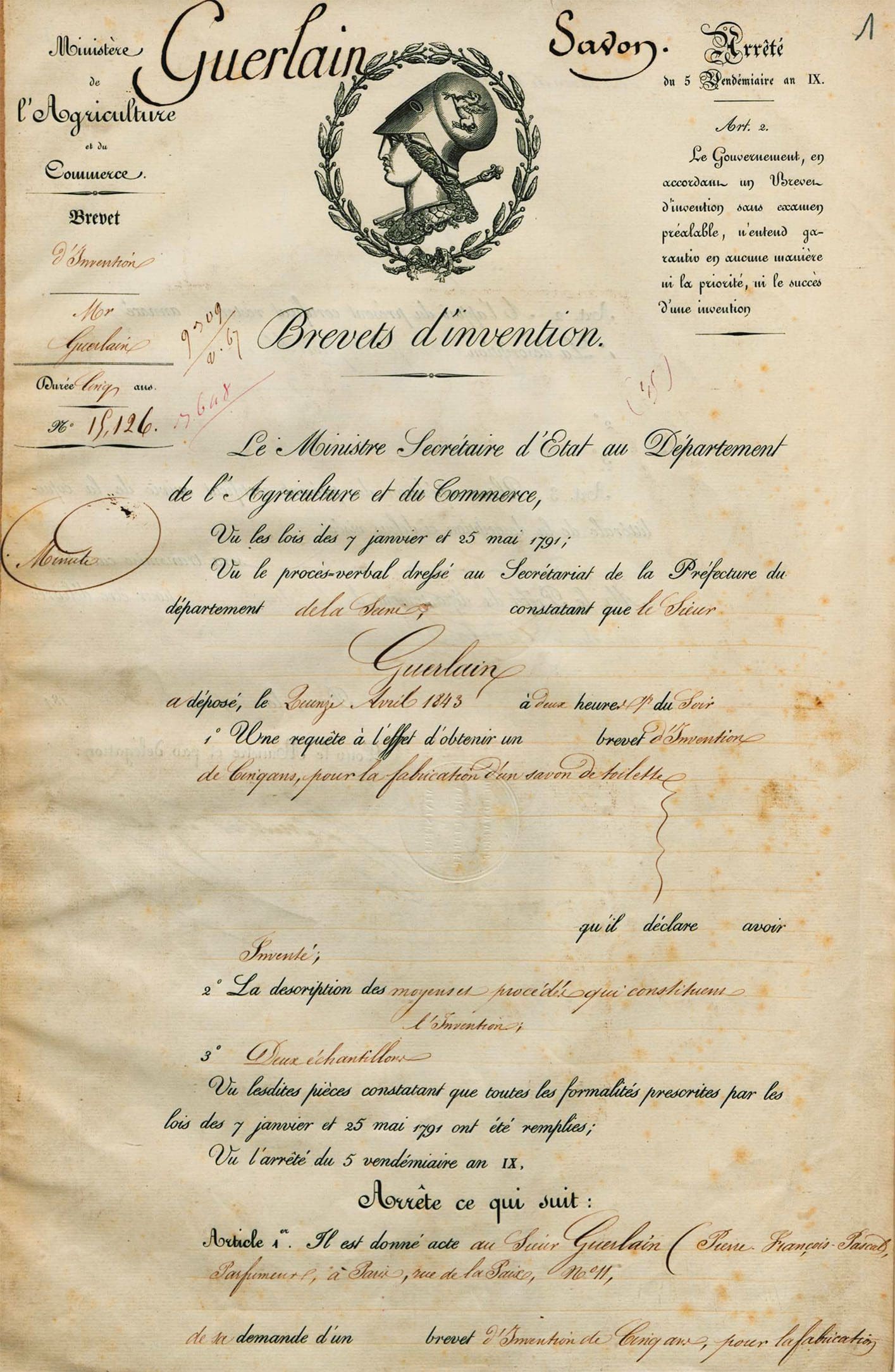 Tresors INPI - Primi brevetti depositati da Pierre-François-Pascal Guerlain 1843