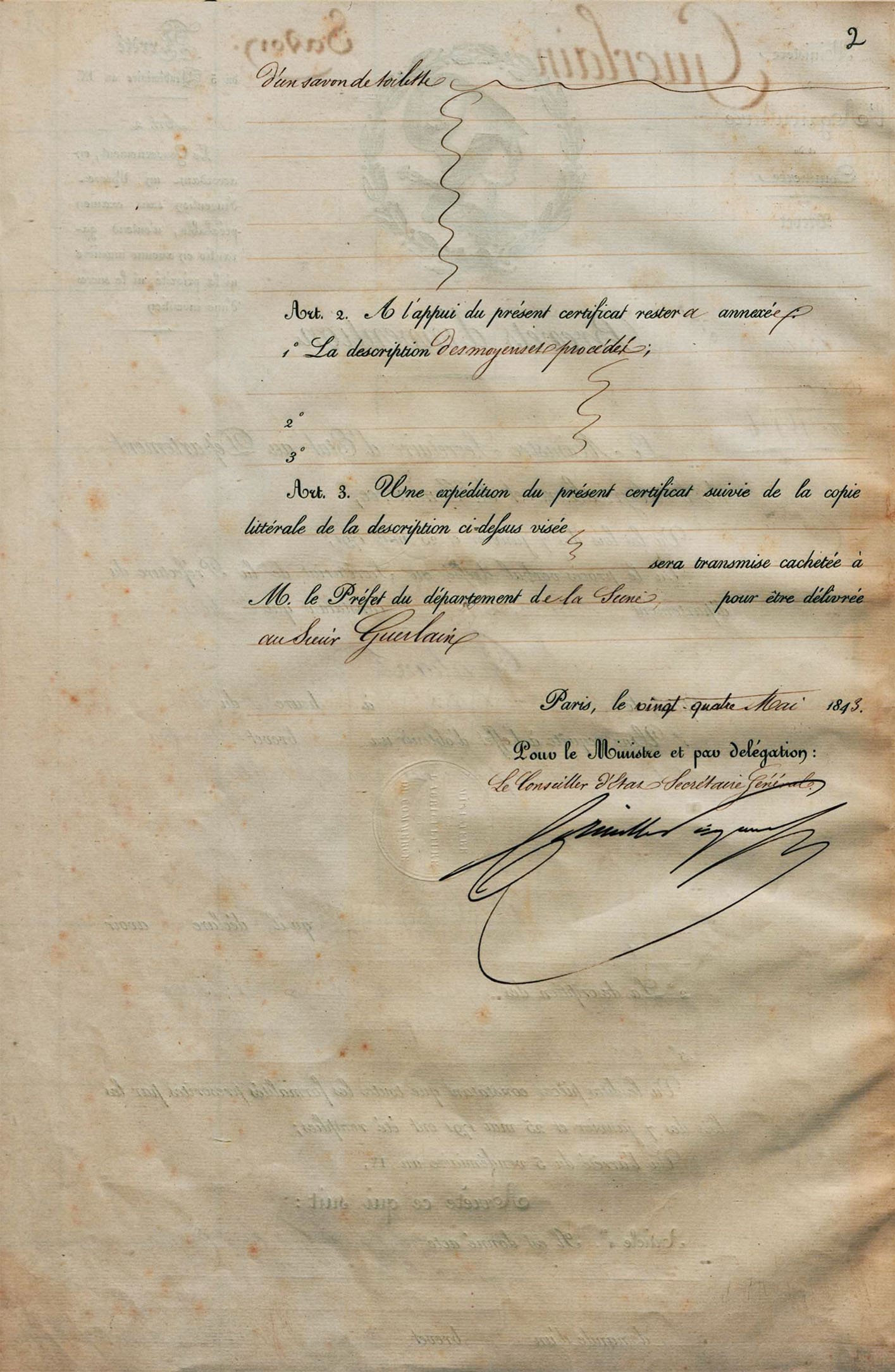 Tresors INPI - Primi brevetti depositati da Pierre-François-Pascal Guerlain 1843