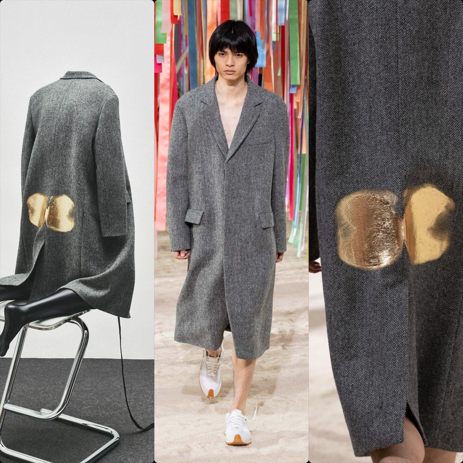Loewe outono inverno 2022-2023 casaco dourado com estampa de bunda por RUNWAY MAGAZINE