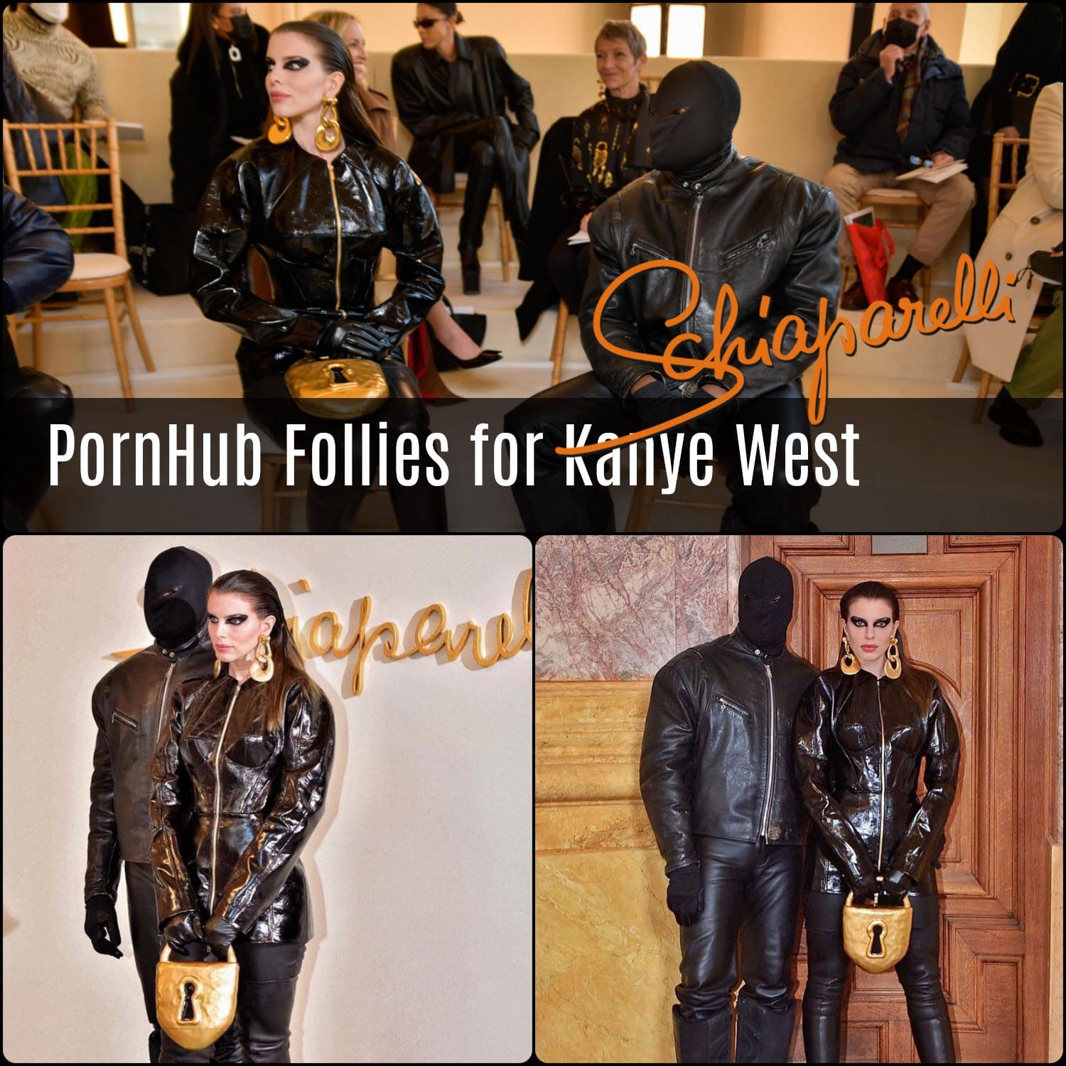 Kanye West in black pantyhose and Julia Fox at Schiaparelli Spring Summer 2022