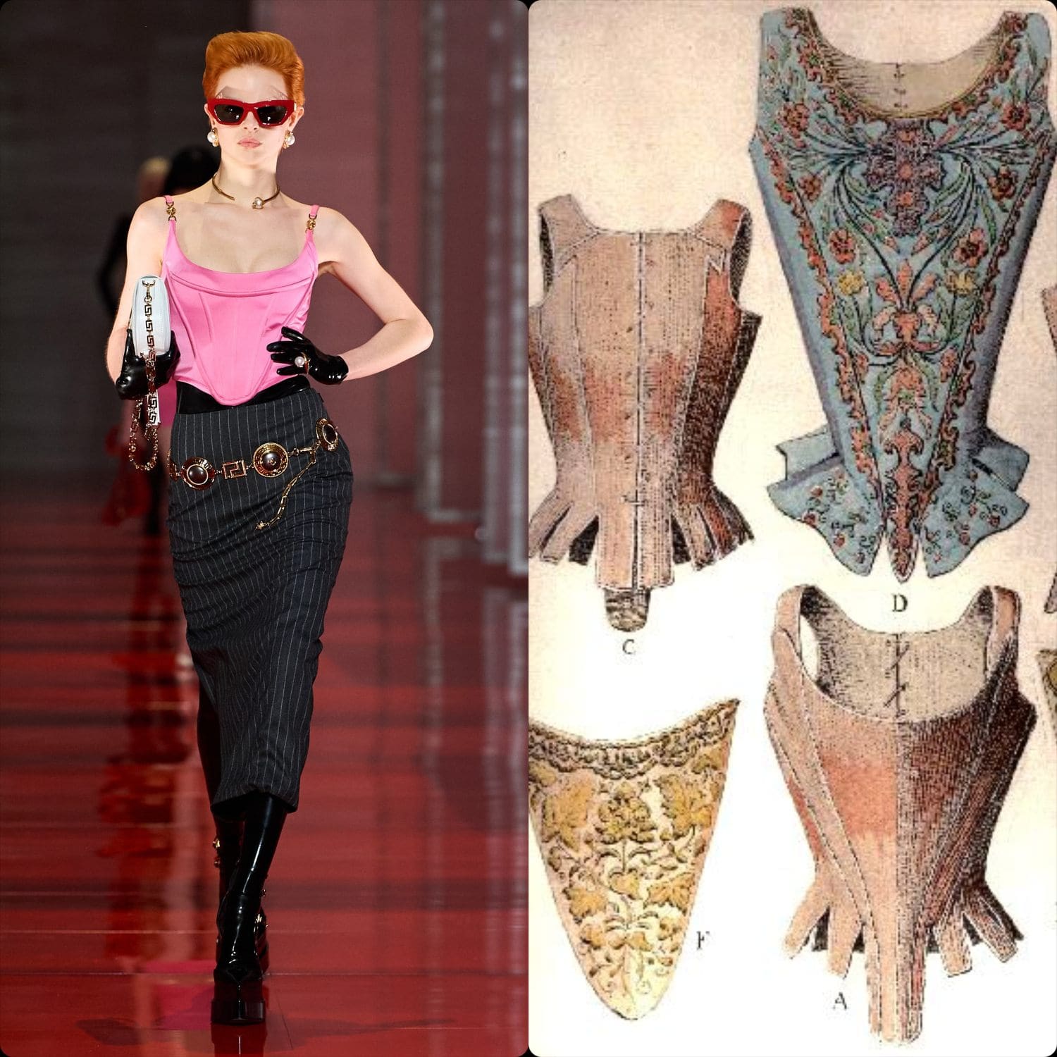 Versace corset Fall Winter 2022-2023 Milan Runway Magazine vs corset XVII and XVII century