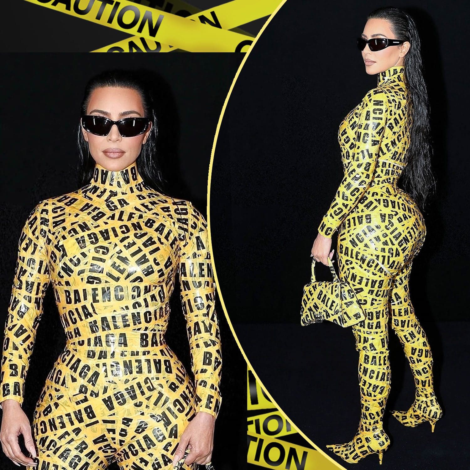 Kim Kardashian in yellow Caution Tape Mummy at the Balenciaga Fall Winter 2022-2023 - Le Bourget in Paris, France Runway Magazine