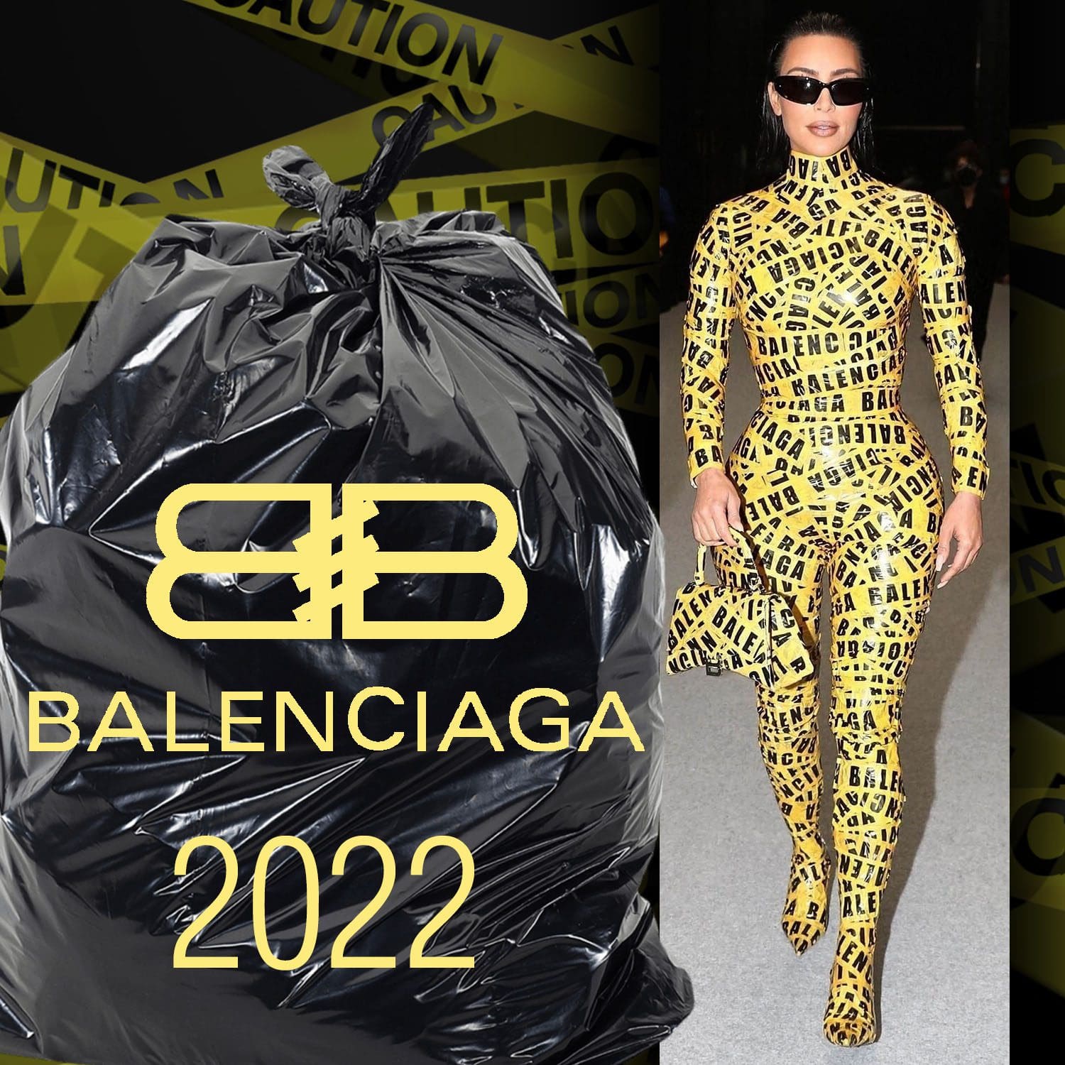 Kim Kardashian in yellow Caution Tape Mummy at the Balenciaga Fall Winter 2022-2023 - Le Bourget in Paris, France Runway Magazine