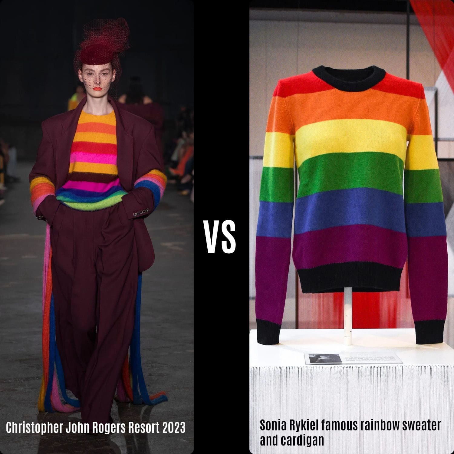 Sonia Rykiel Rainbow stripes sweater vs Christopher John Rogers Resort 2023 by RUNWAY MAGAZINE