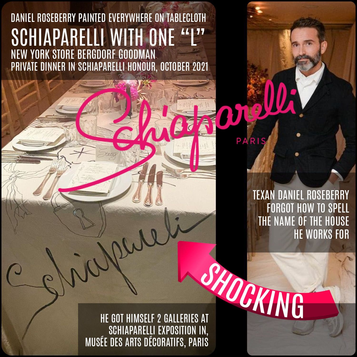 Daniel Roseberry a peint sur une nappe le nom de Schiaparelli avec un L - Ouverture du magasin de New York Bergdorf Goodman, octobre 2021