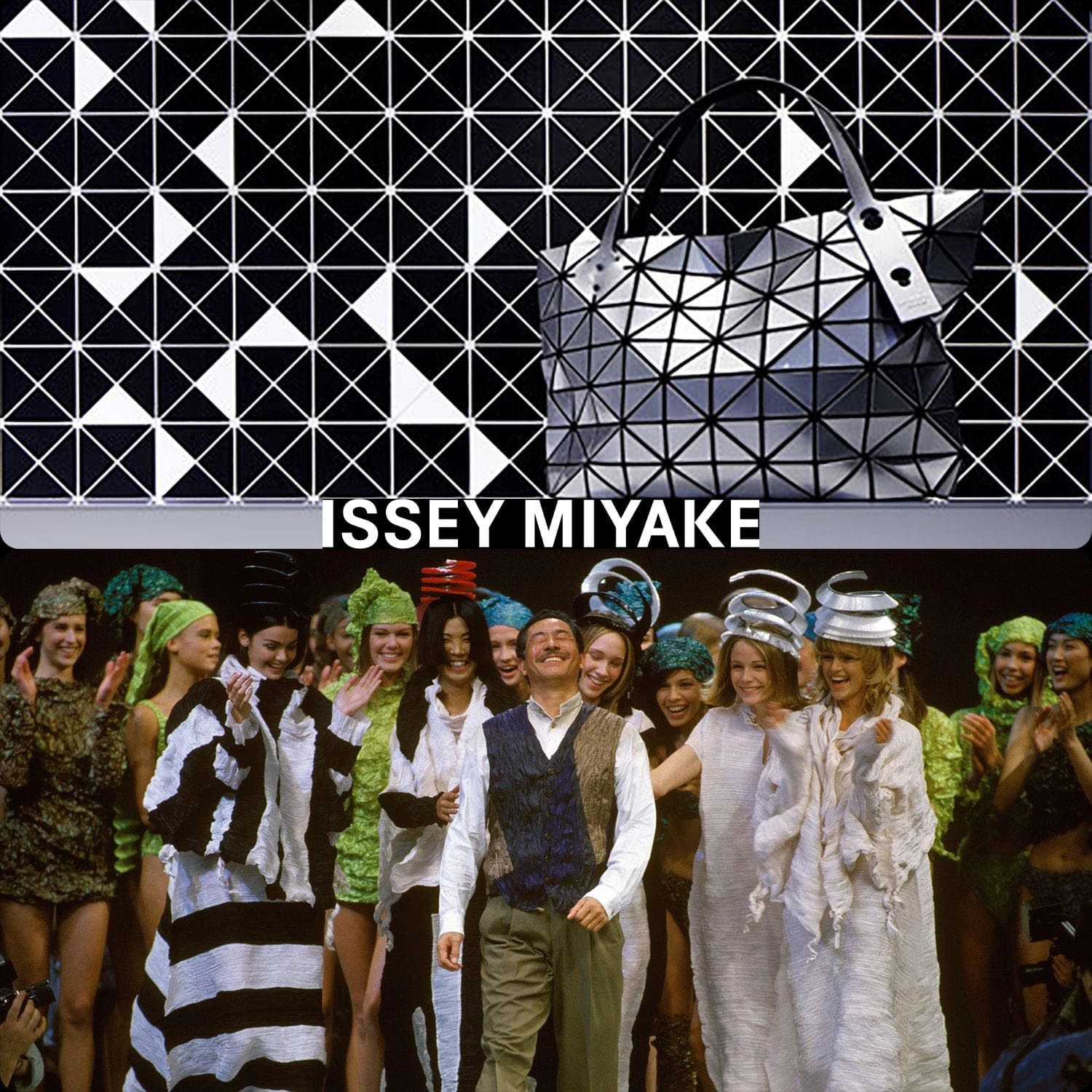 Issy Miyake 1993 show Paris by Gamma-Rapho Getty Images, Bao+Bao bag commercial