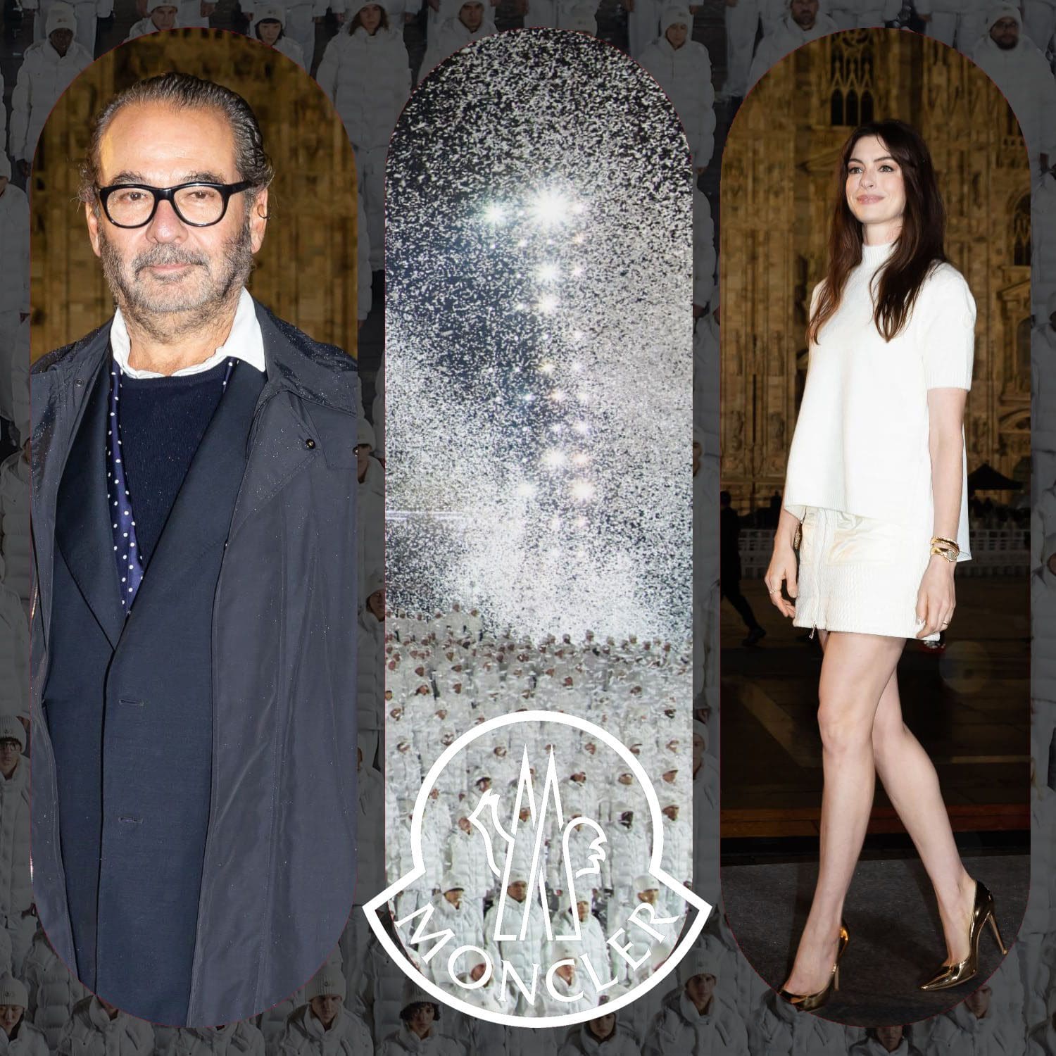 Remo Ruffini, PDG de Moncler et Anne Hathaway au Moncler 70th Anniversary Milan Runway Magazine