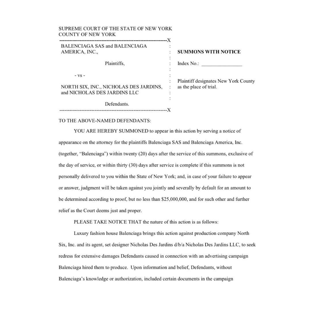 Balenciaga 25M lawsuit against North Six Inc and Nicholas Des Jardins Inc 1