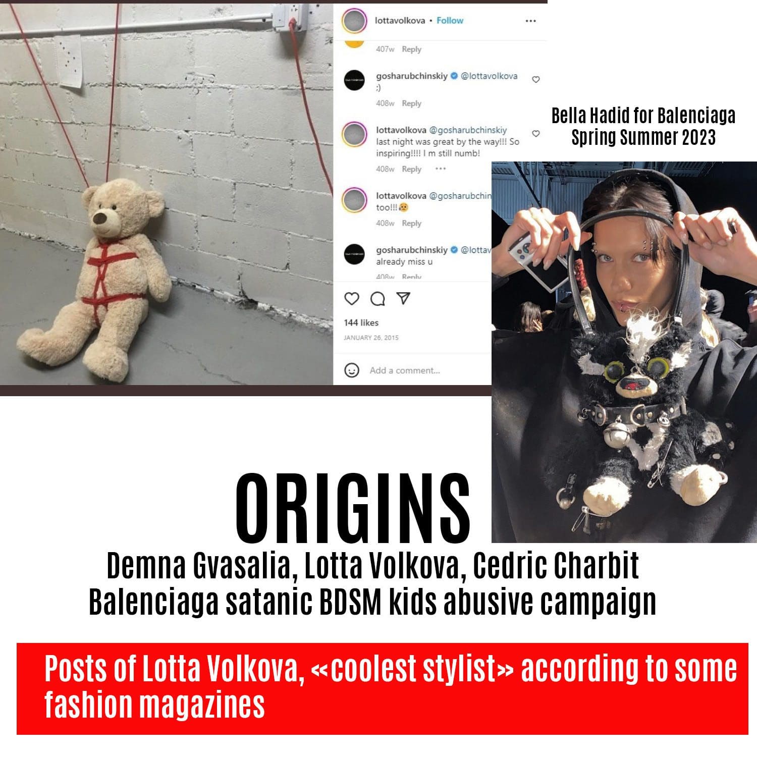 Origins Demna Gvasalia Lotta Volkova Cedric Charbit Balenciaga satanic BDSM kids abusive campaign - Bella Hadid for Balenciaga Spring Summer 2023