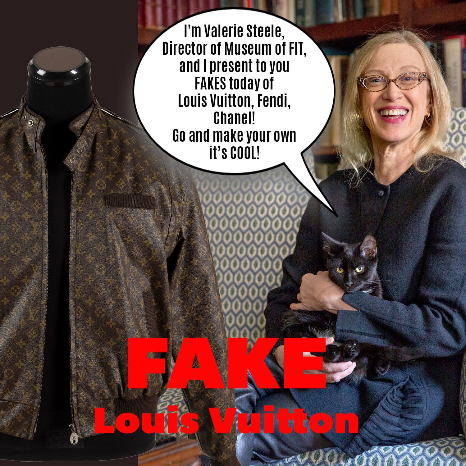 Valerie Steele, Director of Fashion Institute of Technology FIT, presented FAKE LOUIS VUITTON and CHANEL items in museum