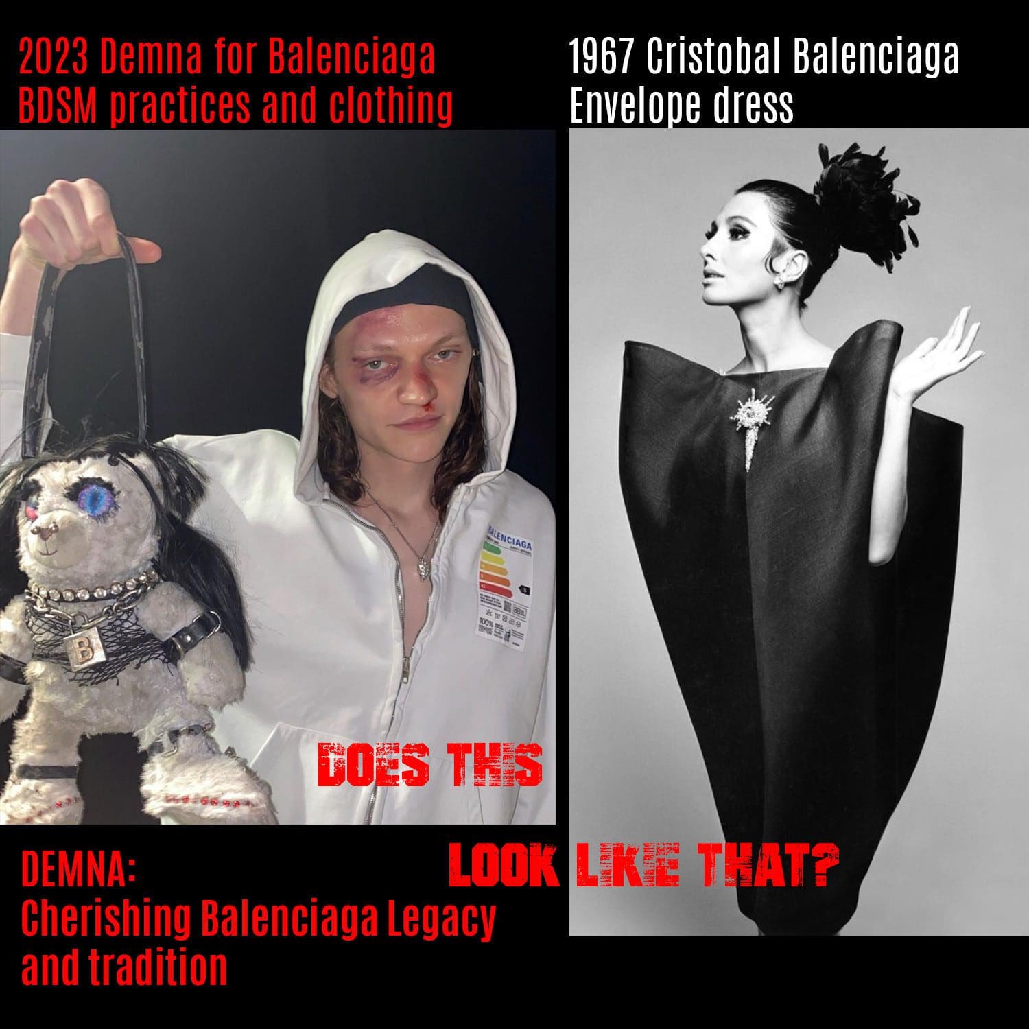 1967 クリストバル・バレンシアガ エンベロープドレス vs 2023 バレンシアガのBDSM服のデムナ1