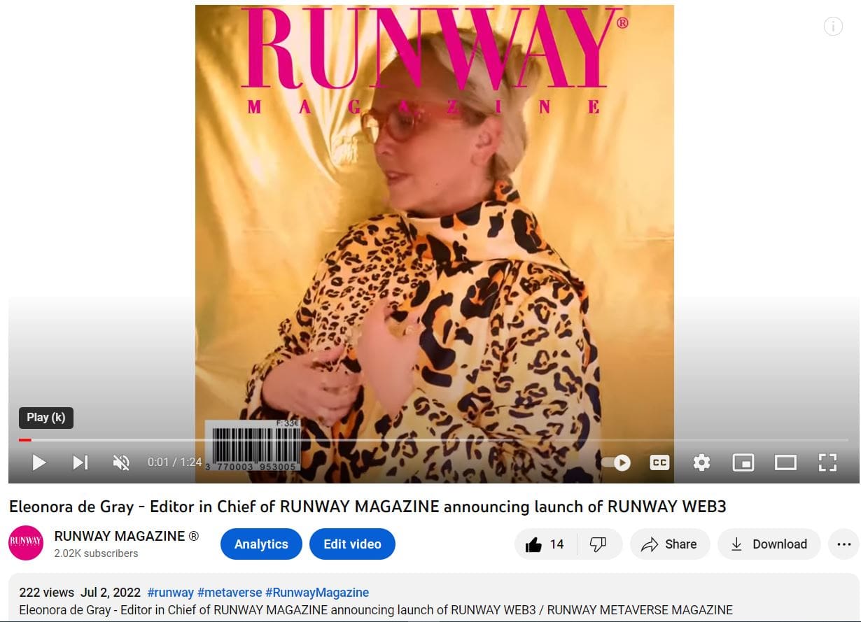 Eleonora de Grey annuncia il lancio di RUNWAY RIVISTA WEB3 2 luglio 2022
