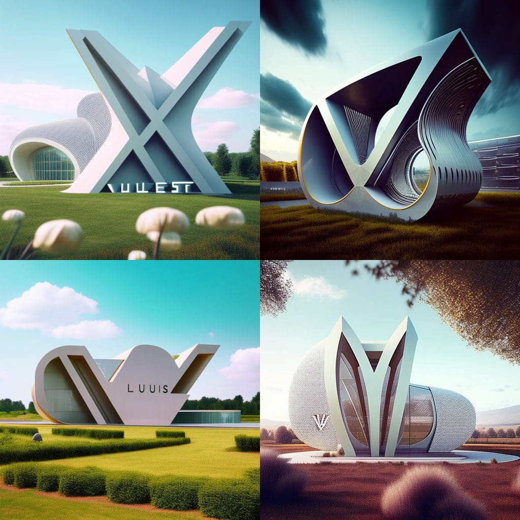 Edificio Louis Vuitton generado por IA en el jardín Descripción de la imagen sin procesar