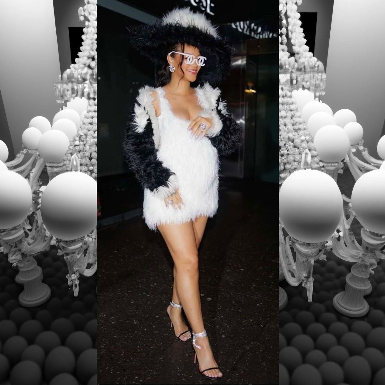 Rihanna con look Chanel ish o Karl ish preparándose para la Met Gala 2023 4