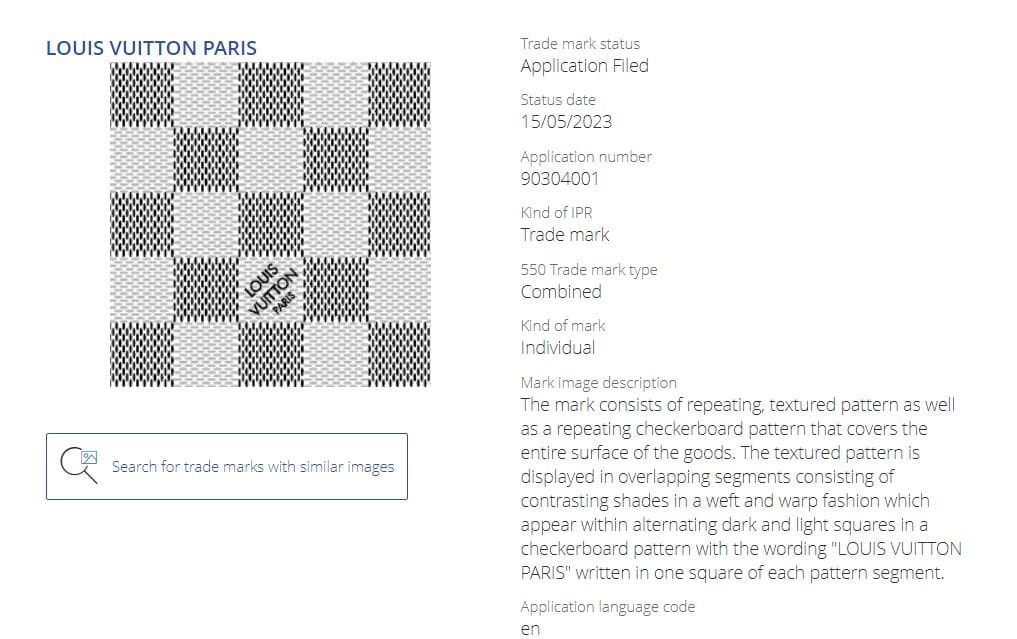 Marca registrada Louis Vuitton com padrão Damier, não registrada em 2023 USA
