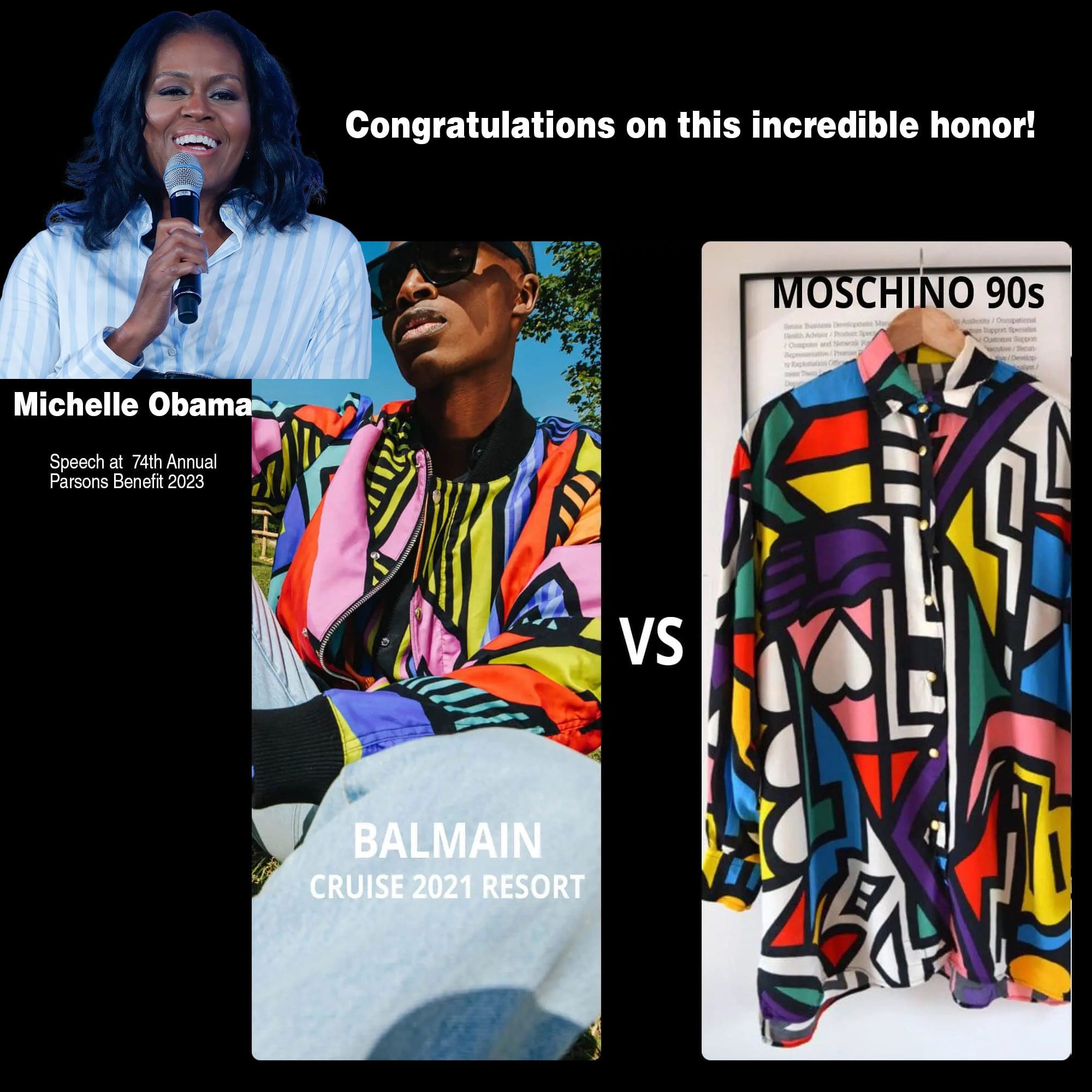 Discurso de Michelle Obama em homenagem a Olivier Rousteing de Balmain 2023 - Balmain Cruise 2021 Resort vs MOSCHINO anos 90