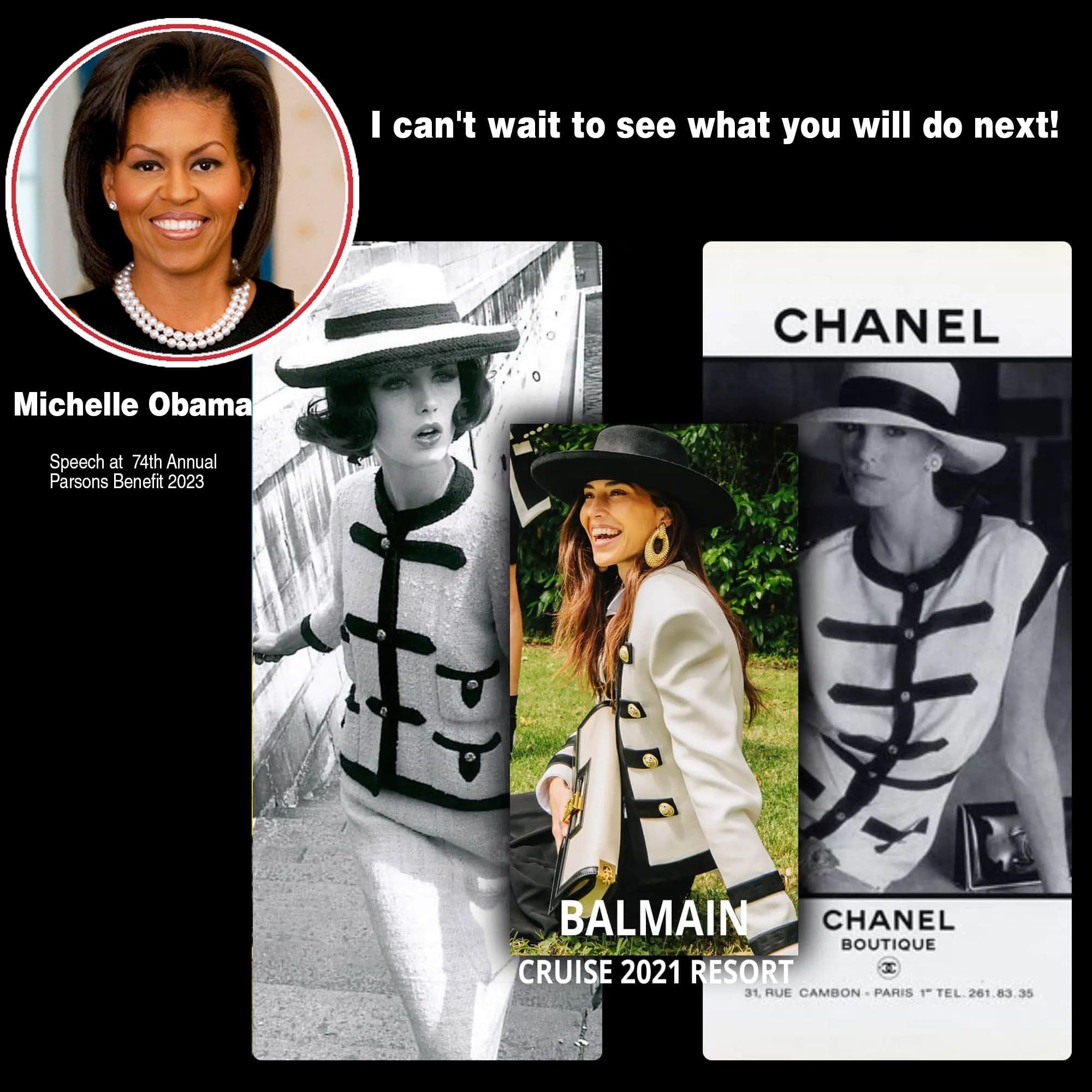 Discurso de Michelle Obama em homenagem a Olivier Rousteing de Balmain 2023 - Jaqueta clássica Balmain Cruise 2021 vs CHANEL