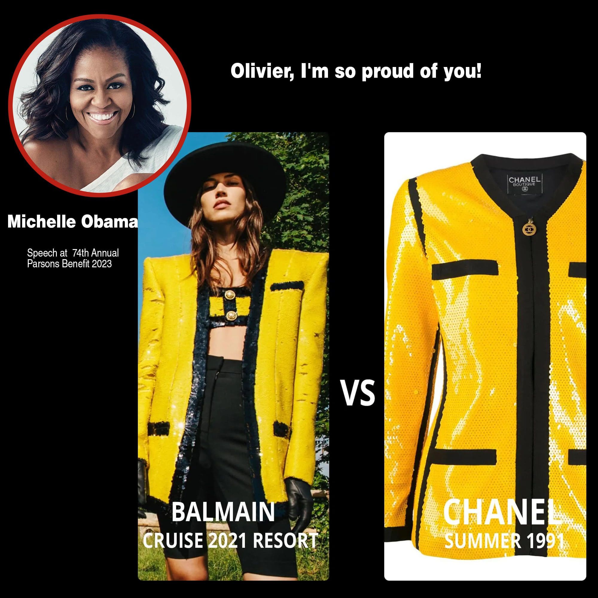 Discurso de Michelle Obama em homenagem a Olivier Rousteing de Balmain 2023 - Balmain Cruise 2021 vs Chanel Jaqueta de mergulho com lantejoulas amarelas 1991