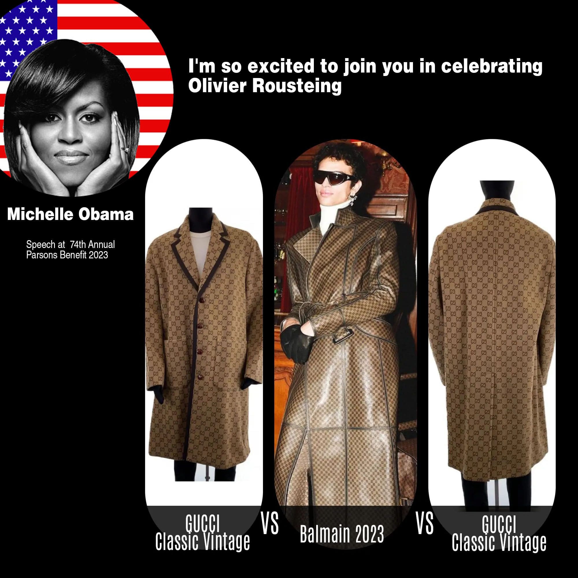 Discurso de Michelle Obama em homenagem a Olivier Rousteing de Balmain 2023 - Queda Balmain 2023 cópia do clássico casaco de lã vintage GUCCI
