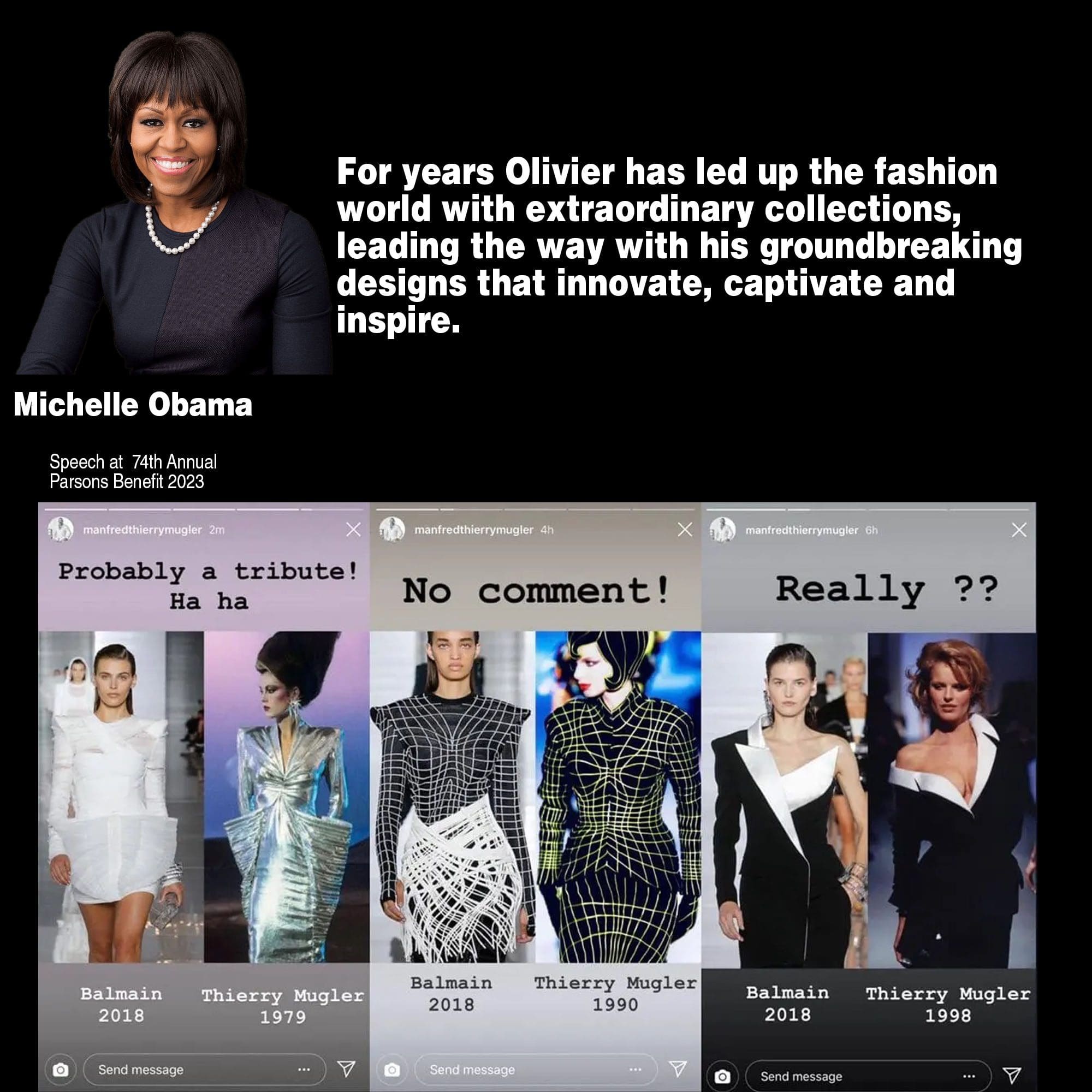 Discurso falsificado icônico de Michelle Obama 2023 Balmain Primavera Verão 2019 Thierry Mugler acusando em cópia Olivier Rousteing