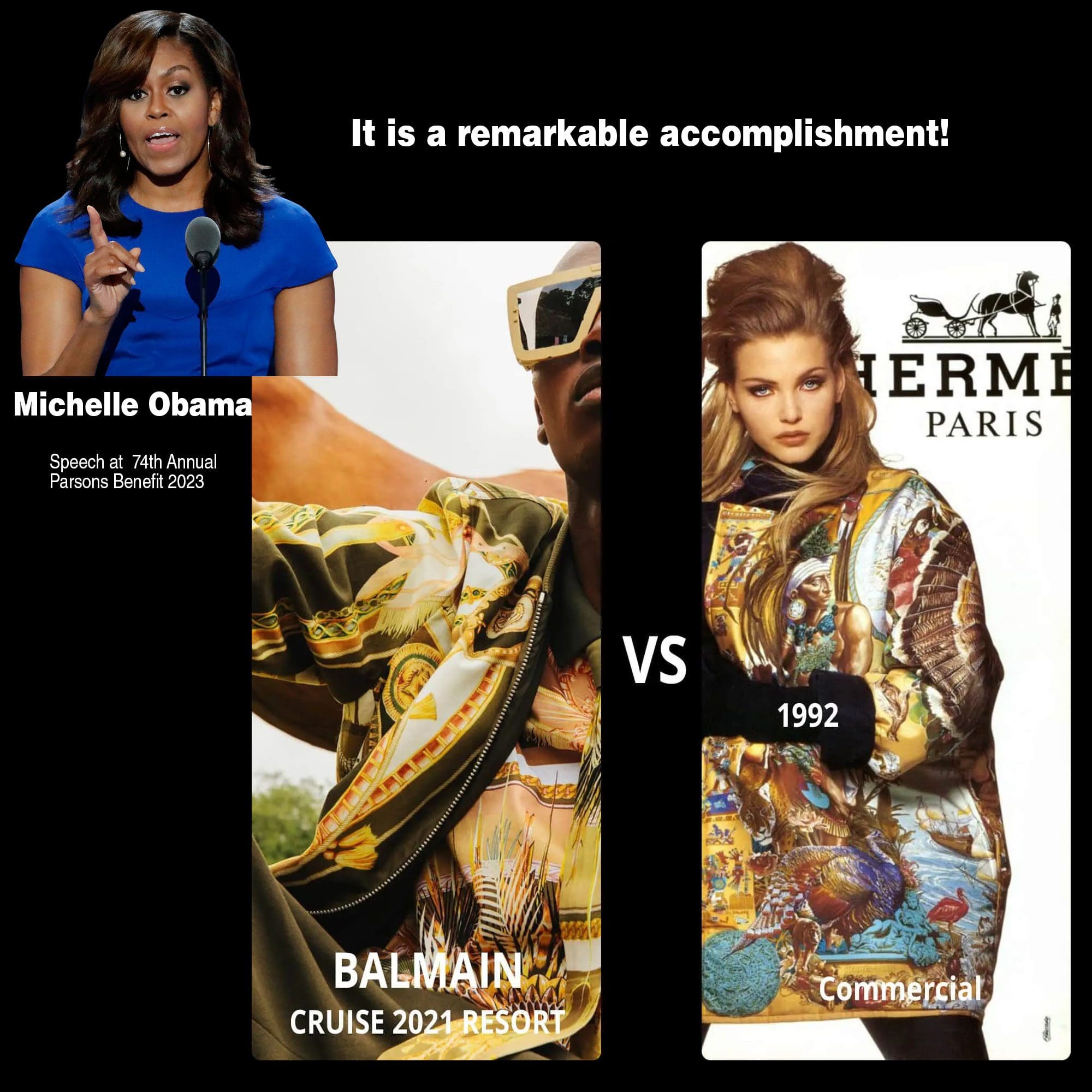 Discurso de Michelle Obama em homenagem a Olivier Rousteing de Balmain 2023 - Balmain 2021 vs Hermes 1992