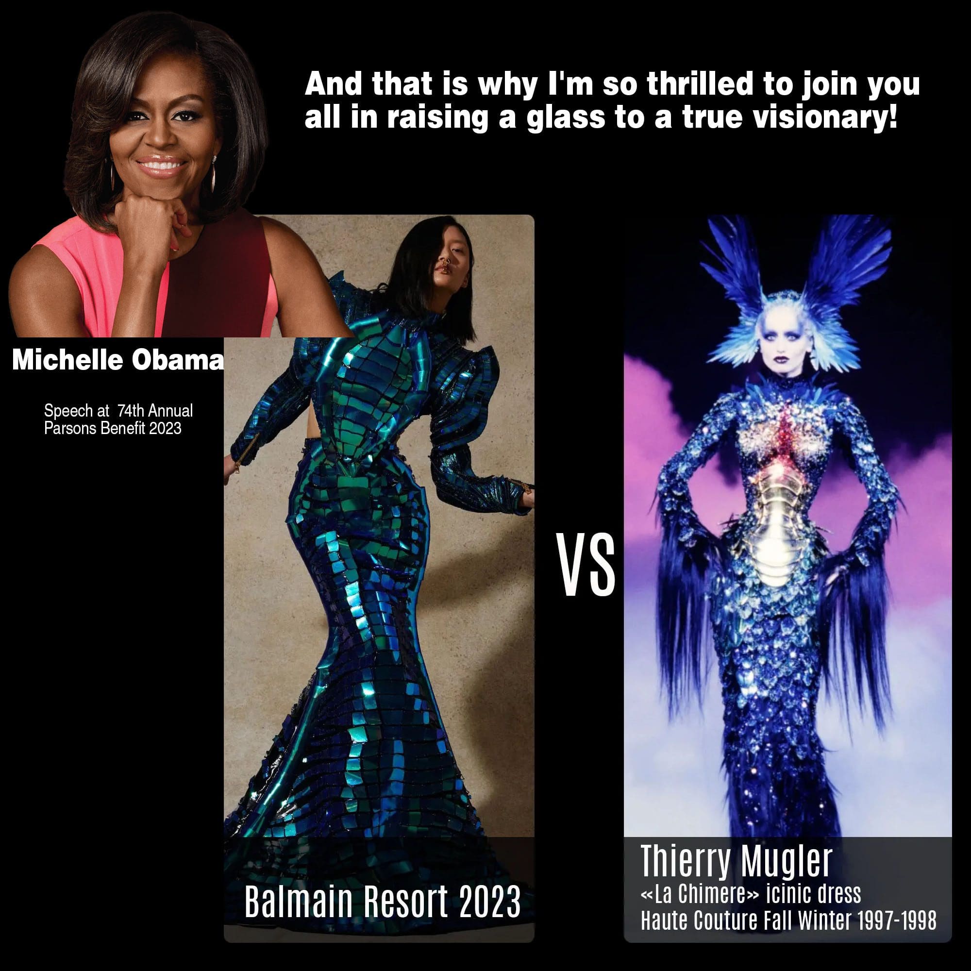 Discurso de Michelle Obama em homenagem a Olivier Rousteing de Balmain 2023 - Balmain Resort 2023 vs Thierry Mugler La Chimere HC FW 1997 1998