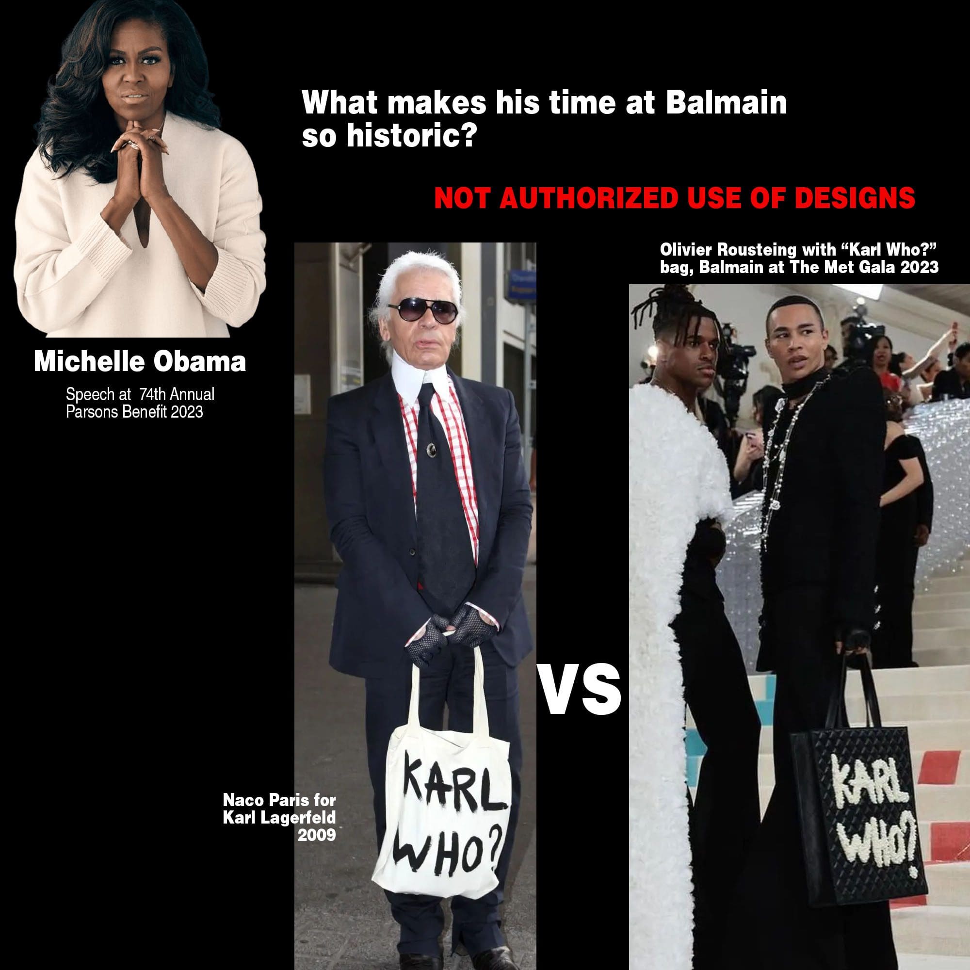 Discurso de Michelle Obama em homenagem a Olivier Rousteing de Balmain 2023 -Olivier Rousteing Balmain com bolsa Karl Who no Met 2023 Bolsa vs Naco Paris para Karl Lagerfeld 2009