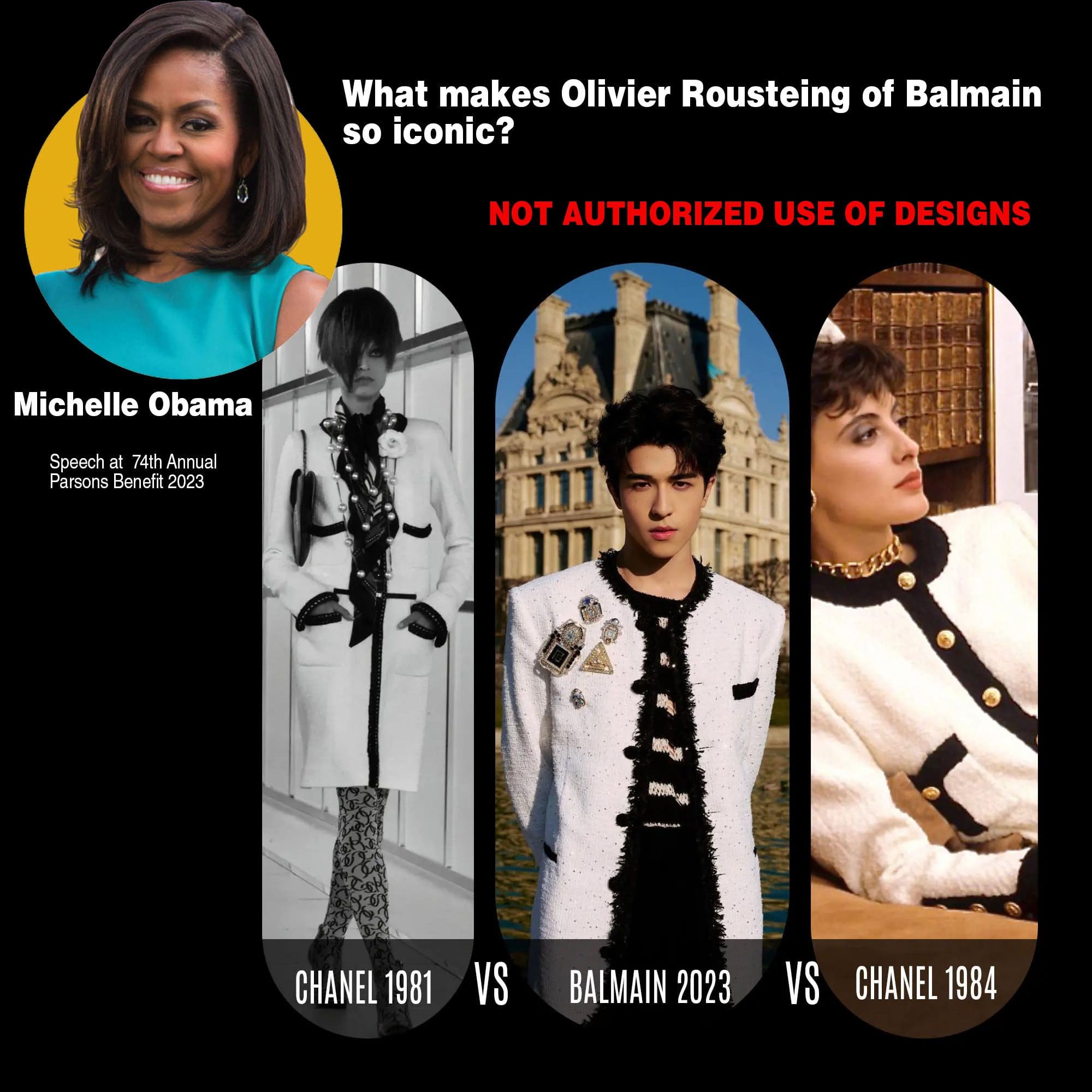 Discurso de Michelle Obama em homenagem a Olivier Rousteing de Balmain 2023 - Patrick Finkler usa CHANEL falso feito por Olivier Rousteing Outono Balmain 2023