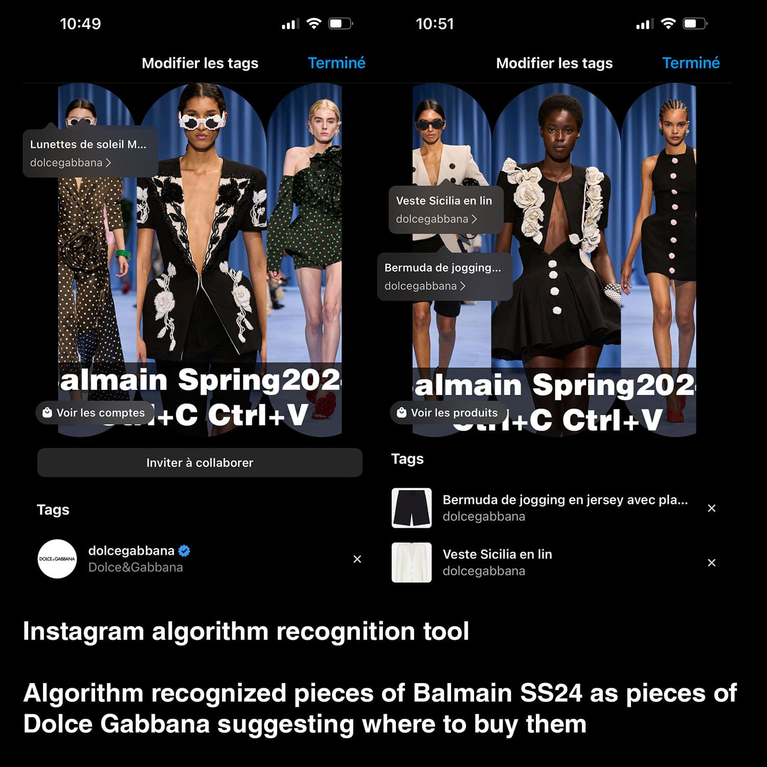 Instagram 算法识别工具 算法将 Balmain SS24 的单品识别为 Dolce Gabbana 的单品,并建议在哪里购买